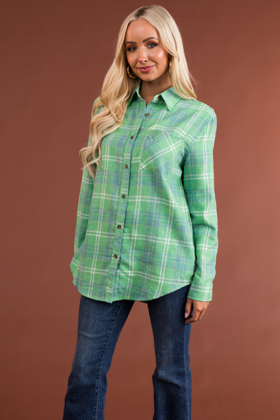Kelly Green Plaid Front Pocket Button Up Flannel