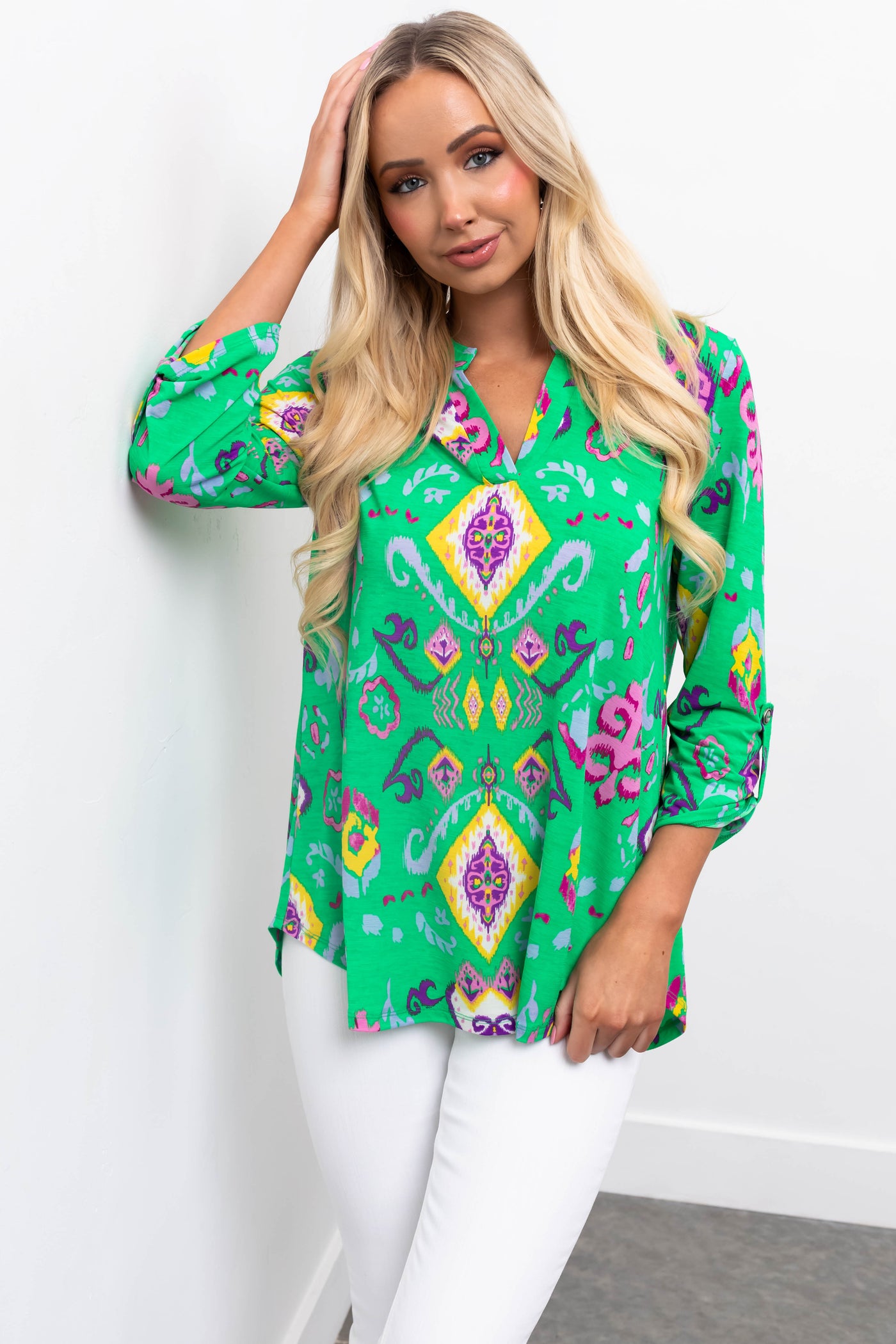 Kelly Green Printed 3/4 Sleeve Blouse