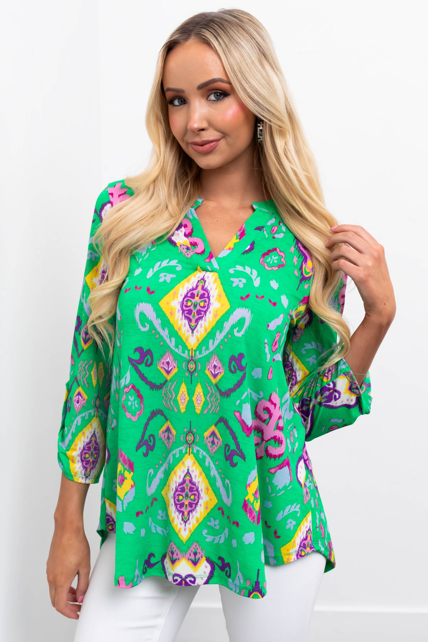 Kelly Green Printed 3/4 Sleeve Blouse