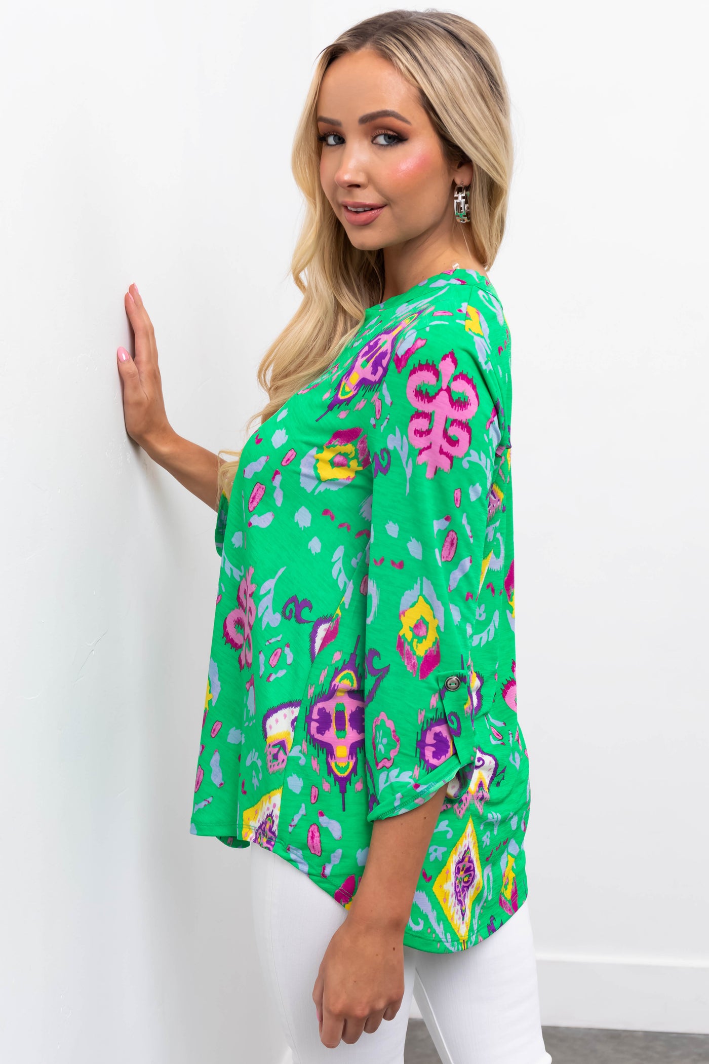 Kelly Green Printed 3/4 Sleeve Blouse