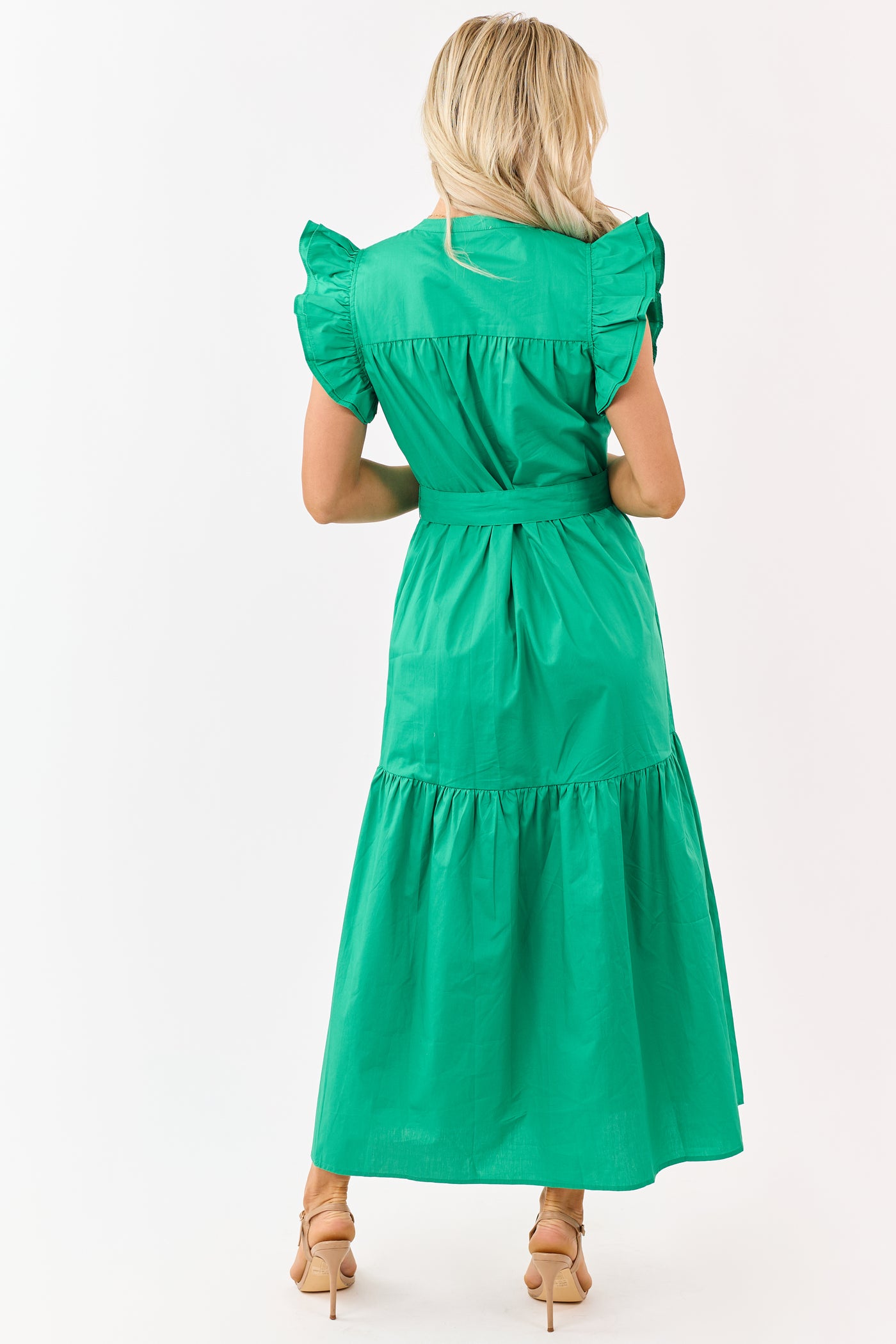 green dress with ruffle sleeves Hyacinth House Emerald Green Eliza Midi Dress Emerald Green / L