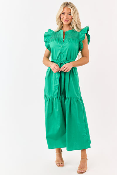 Kelly Green Ruffle Sleeve Smocked Cotton Midi Dress
