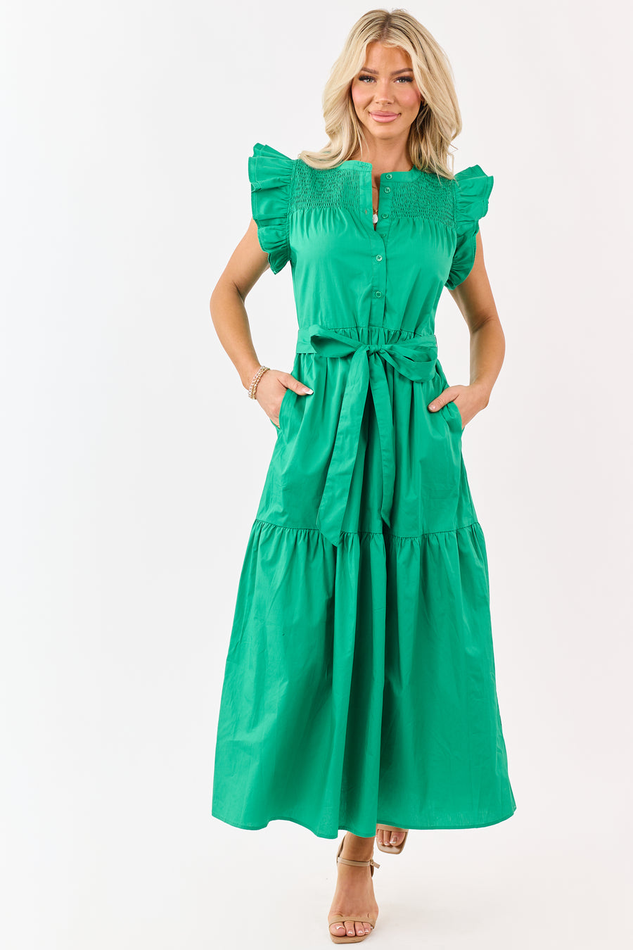 Kelly Green Ruffle Sleeve Smocked Cotton Midi Dress