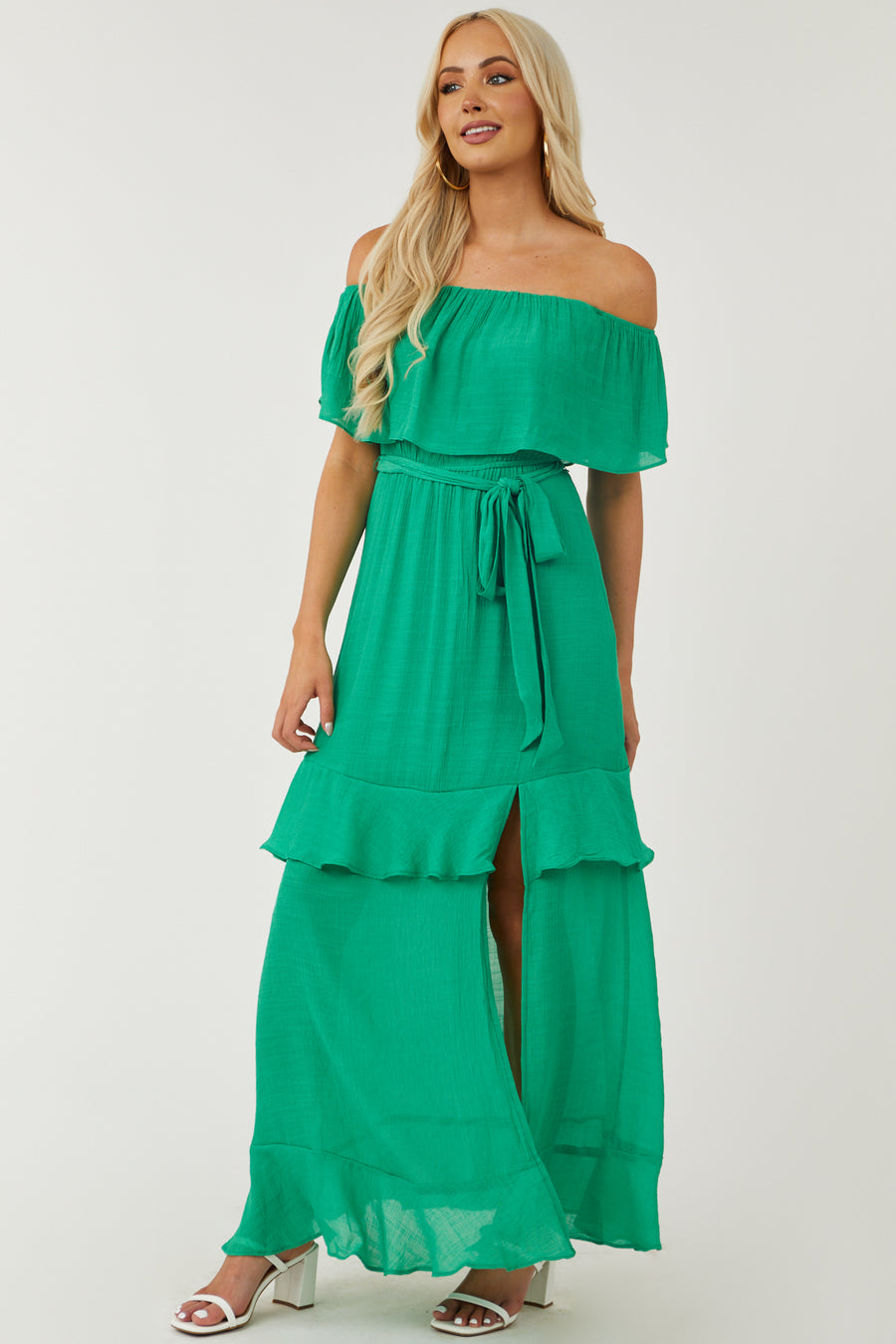Kelly Green Ruffle Tiered Front Slit Maxi Dress