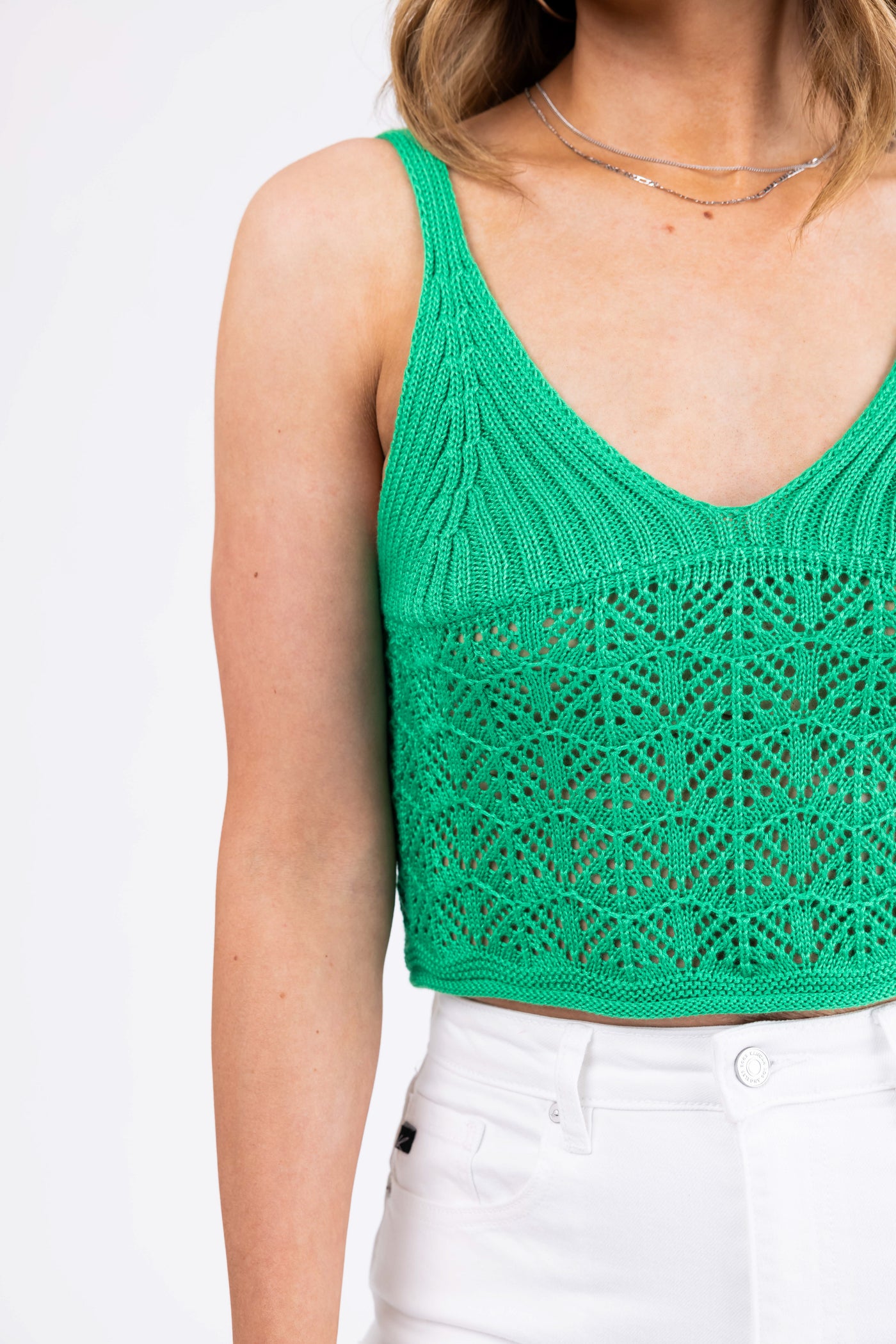 Kelly Green Sleeveless V Neck Cut Out Knit Crop Top