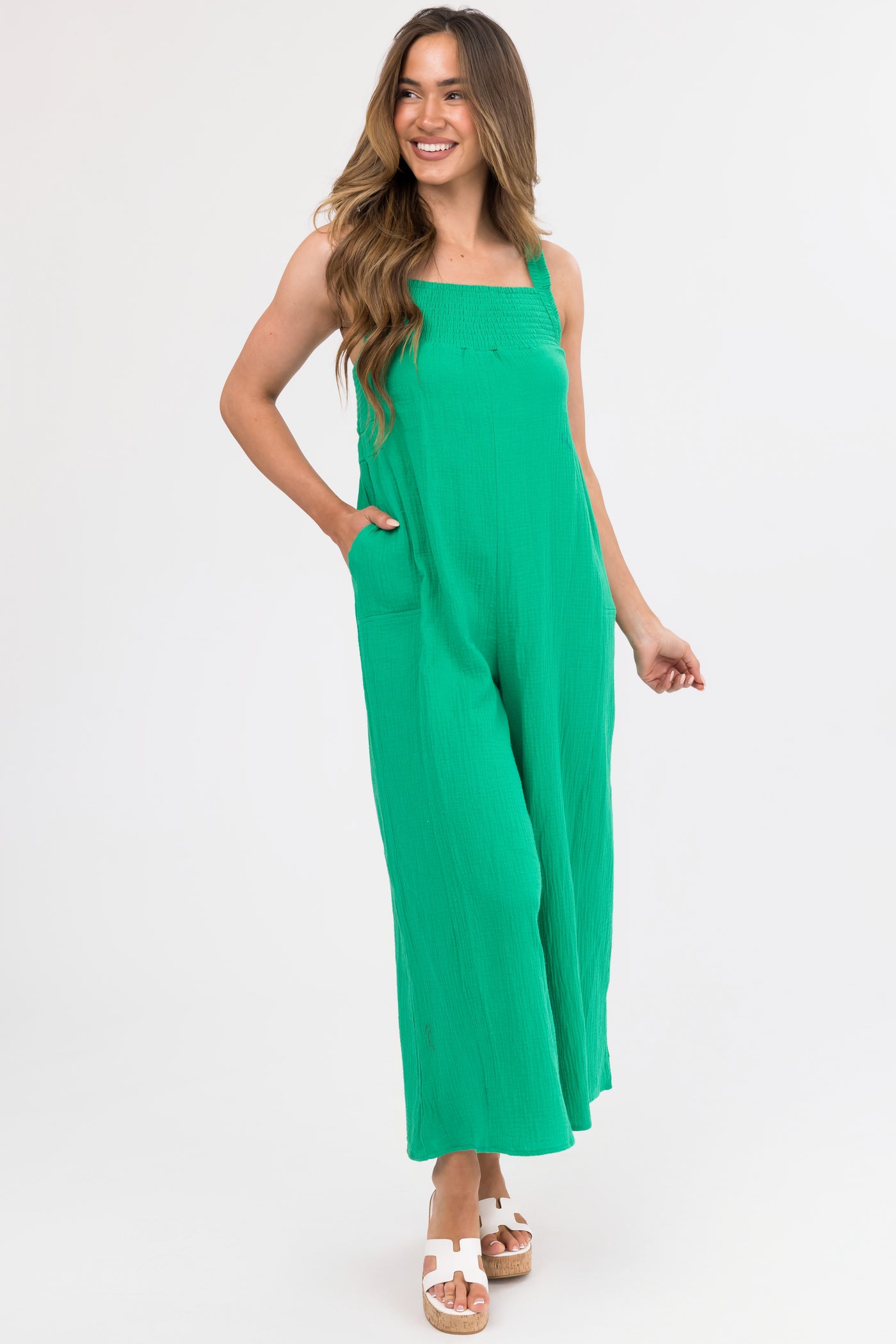 Kelly Green Sleeveless Wide Leg Jumpsuit