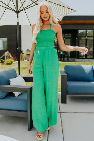 Kelly Green Smocked Halter Neck Woven Jumpsuit