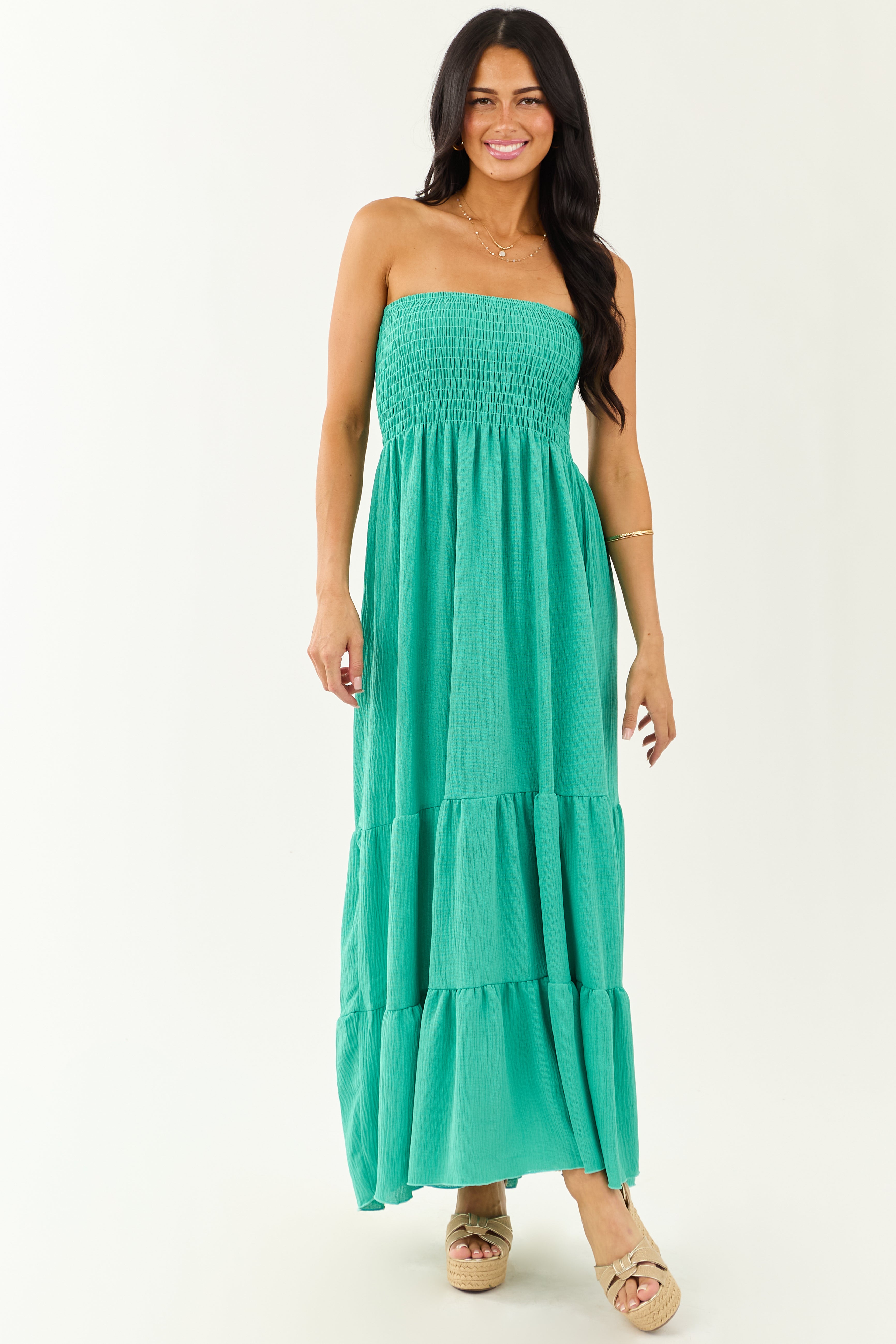 Kelly Green Smocked Tiered Strapless Maxi Dress | Lime Lush Boutique