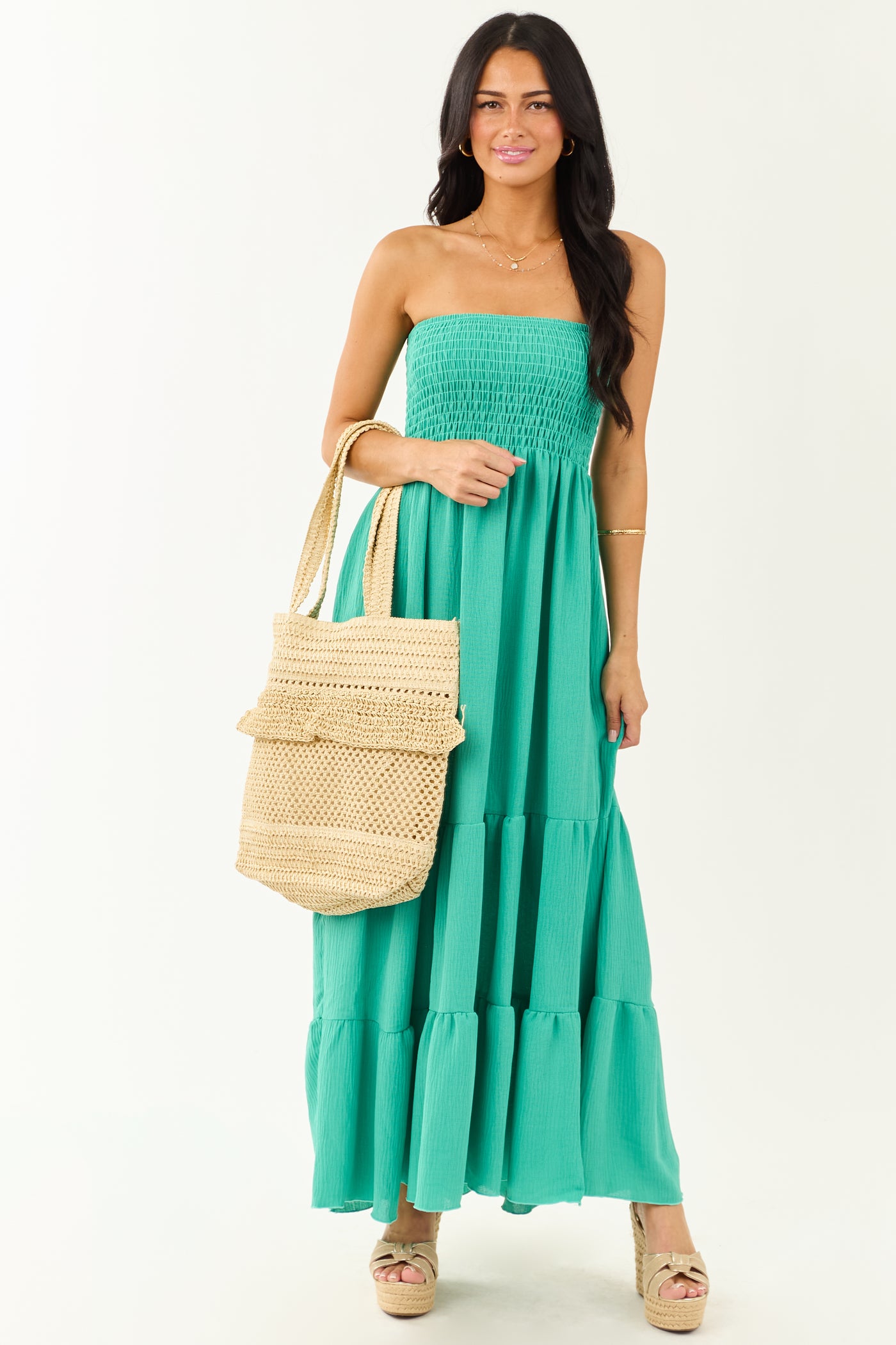 Kelly Green Smocked Tiered Strapless Maxi Dress Kelly Green Smocked Tiered Strapless Maxi Dress