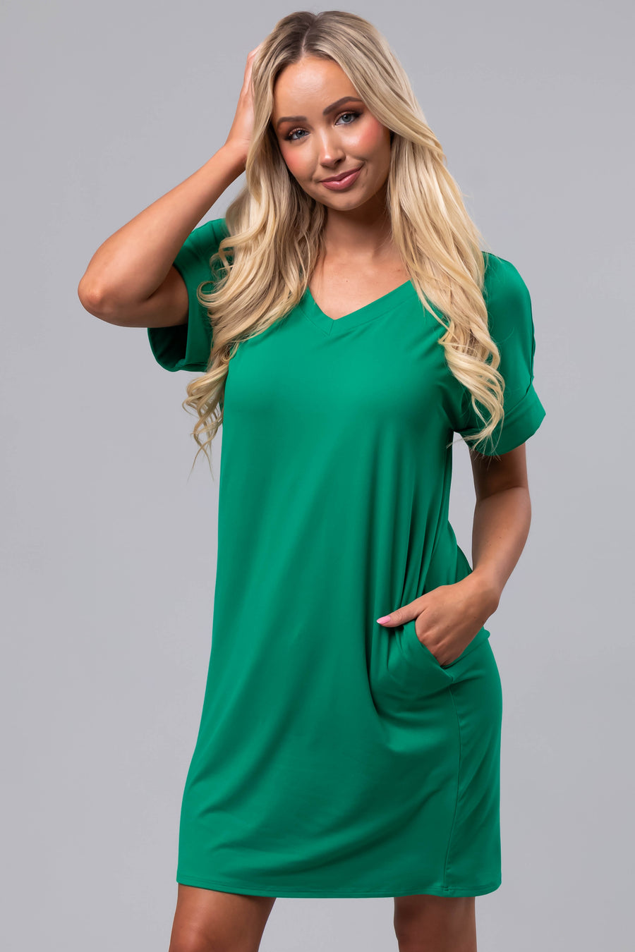 Kelly Green Soft V Neck Short Sleeve Mini Dress