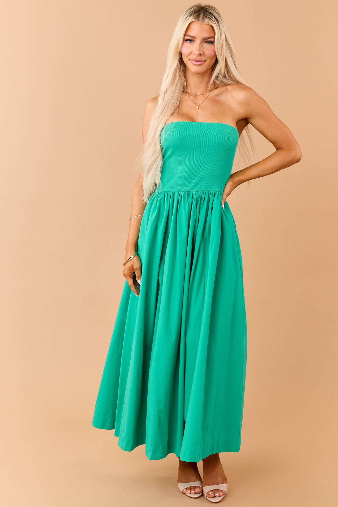 Kelly Green Strapless Knit Contrast Cotton Maxi Dress Kelly Green Strapless Knit Contrast Cotton Maxi Dress