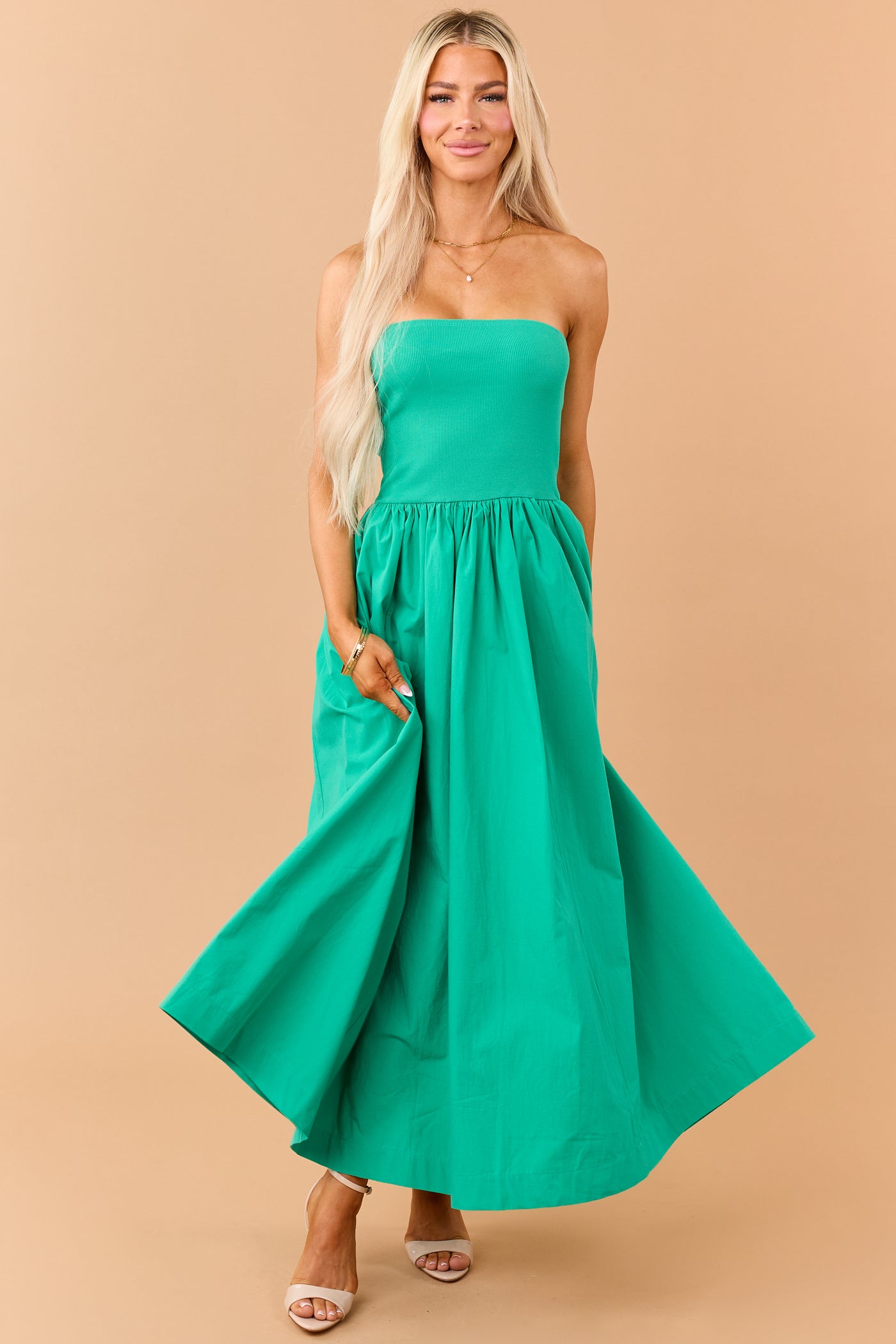 Kelly Green Strapless Knit Contrast Cotton Maxi Dress