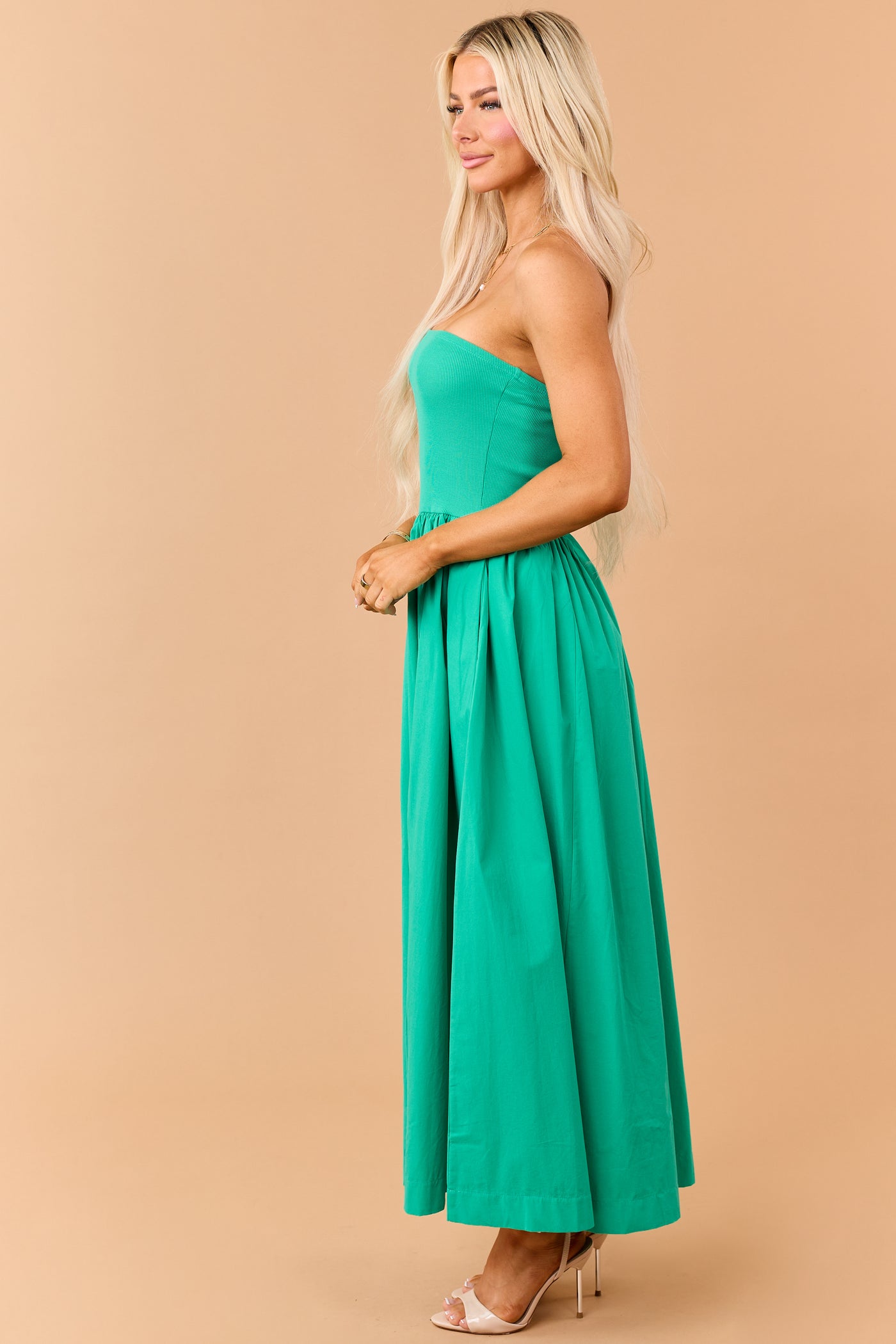 Kelly Green Strapless Knit Contrast Cotton Maxi Dress