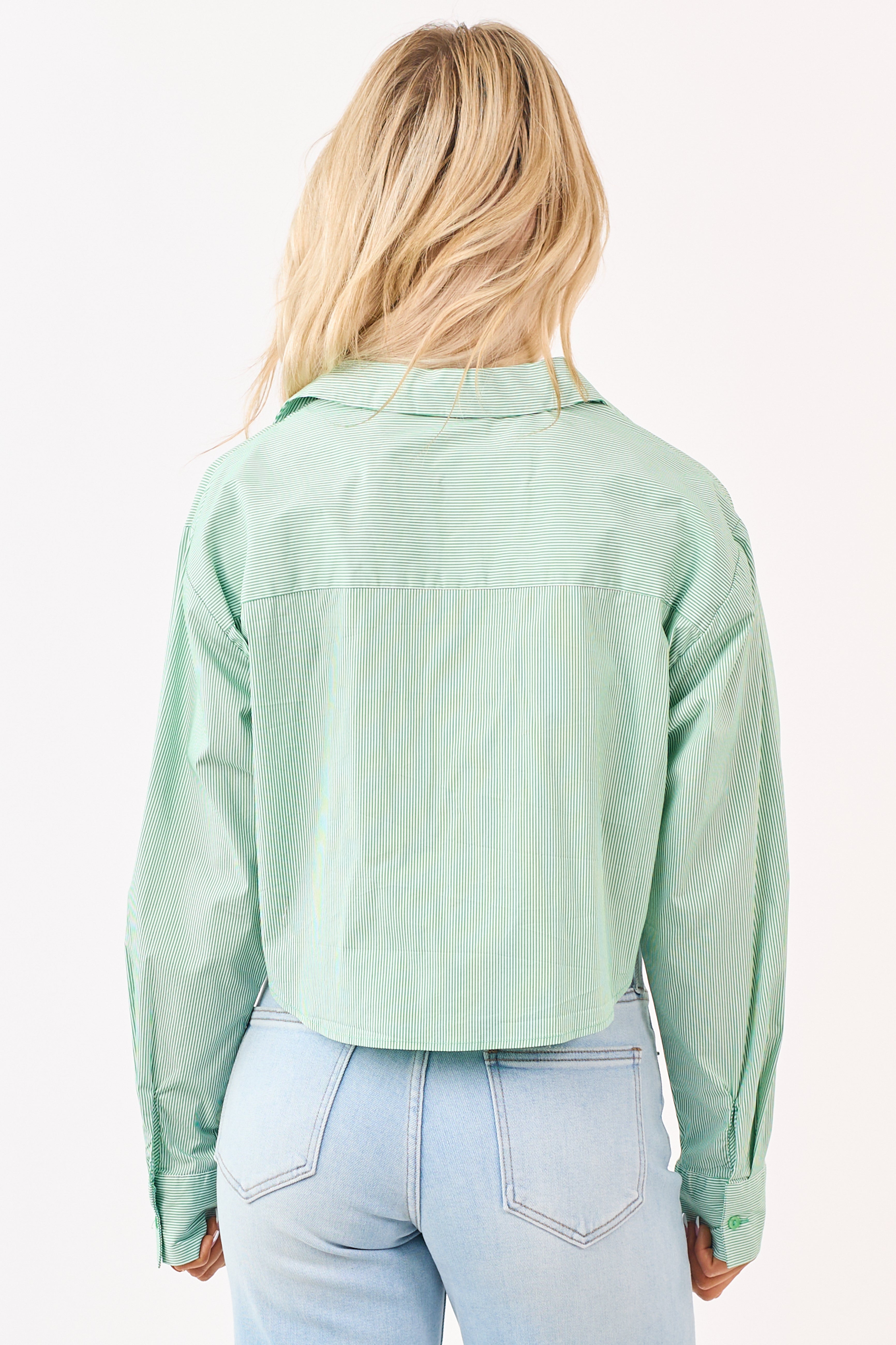 Kelly Green Striped Long Sleeve Button Up Top
