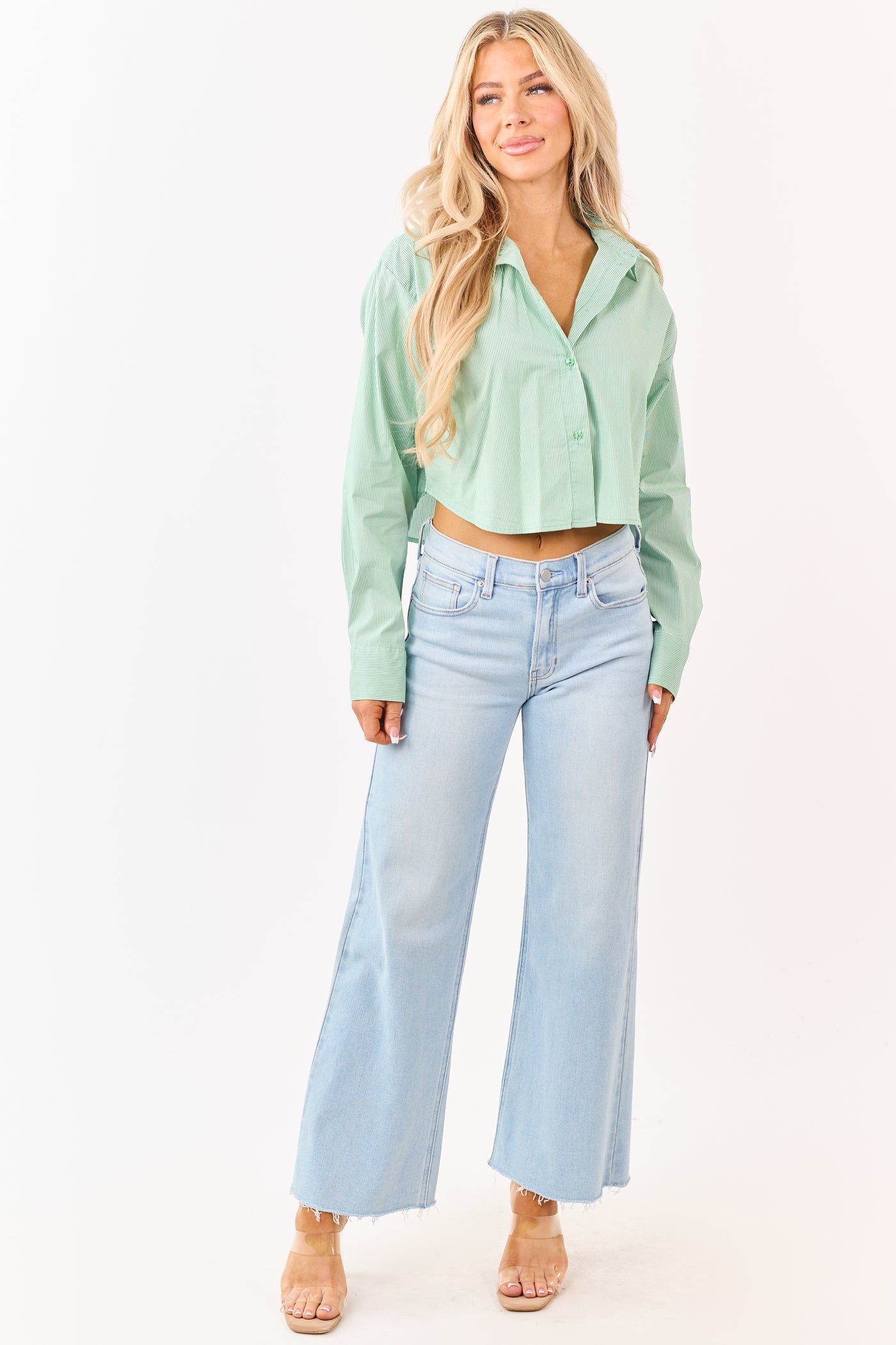 Kelly Green Striped Long Sleeve Button Up Top