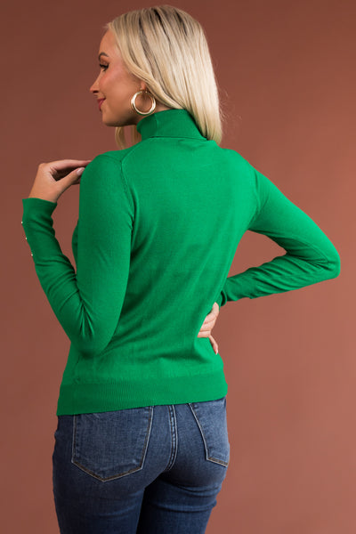 Kelly Green Turtleneck Button Cuff Fitted Top