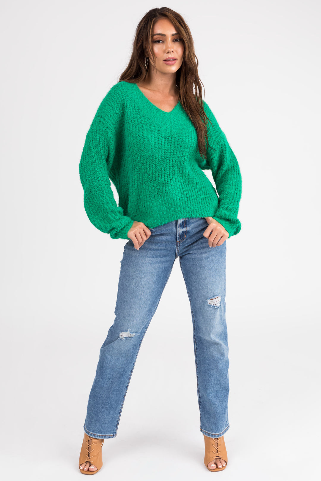 Kelly Green V Neck Long Sleeve Knit Sweater & Lime Lush