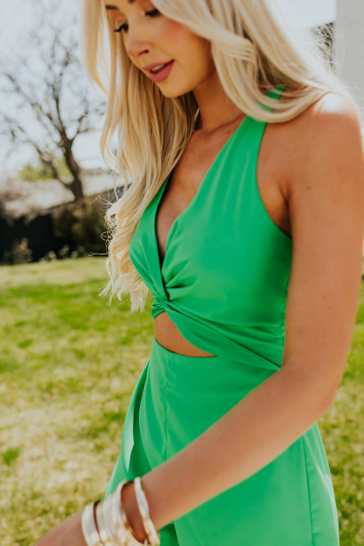 Kelly Green Waist Cut Out Knotted Front Romper