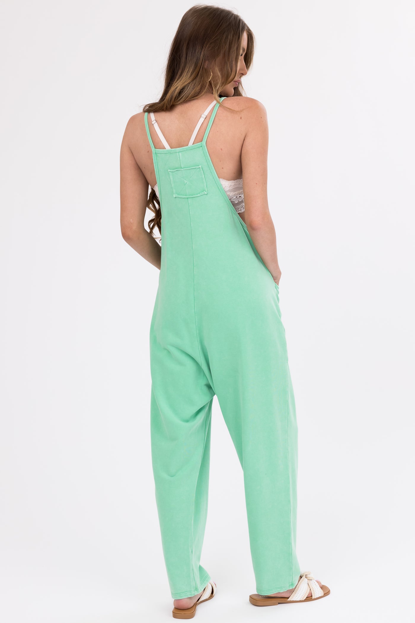 Kelly Green Washed Sleeveless Relaxed Fit Jumpsuit