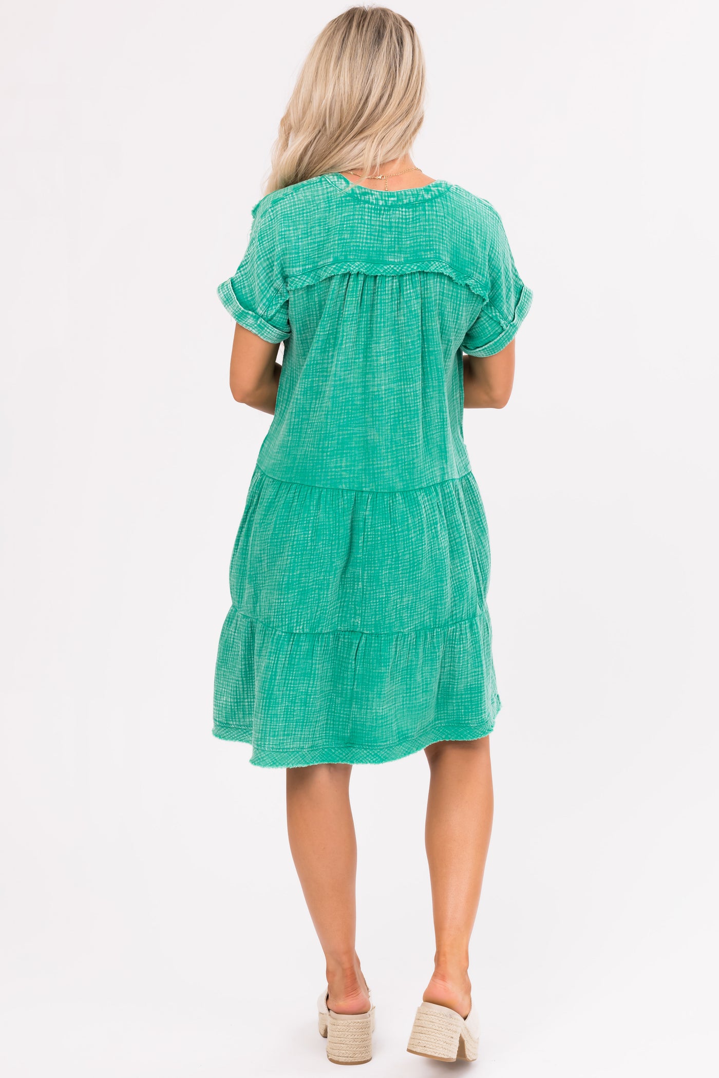 Kelly Green Washed Tiered V Neck Mini Dress