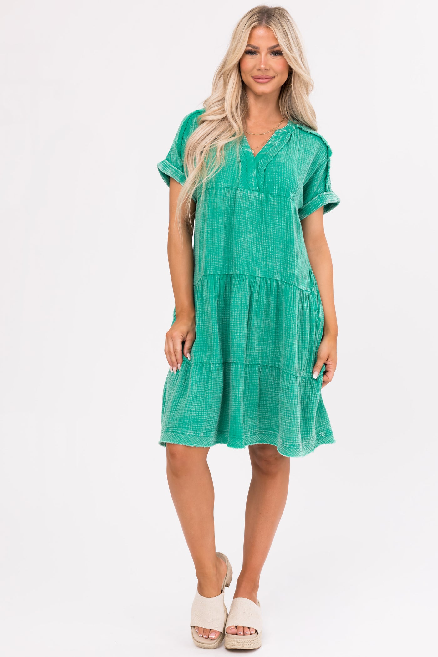 Kelly Green Washed Tiered V Neck Mini Dress