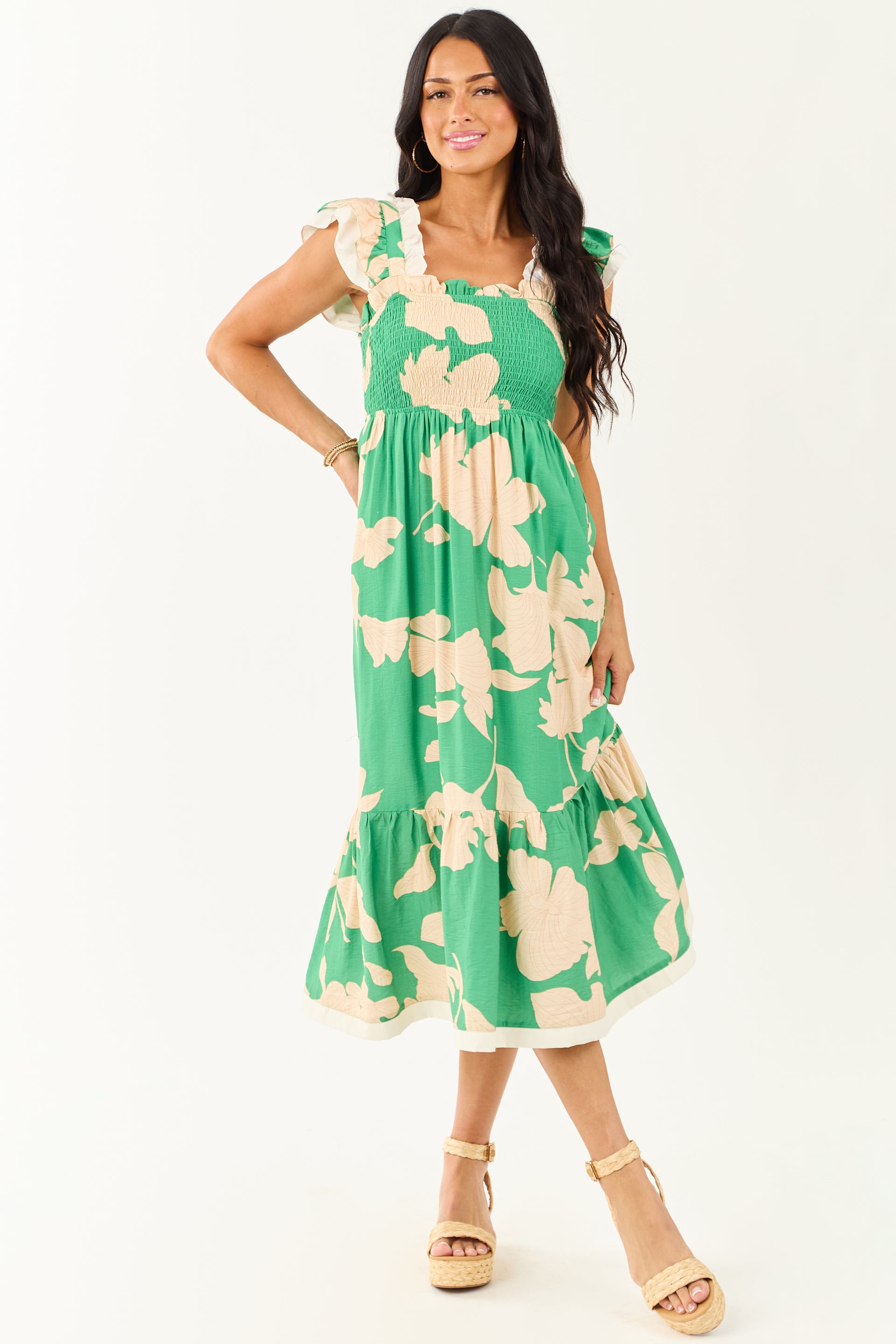 kelly green floral dress Kelly Green Floral Printed Split Frilled Tie Neck Tiered Long Sleeve Midi Dress