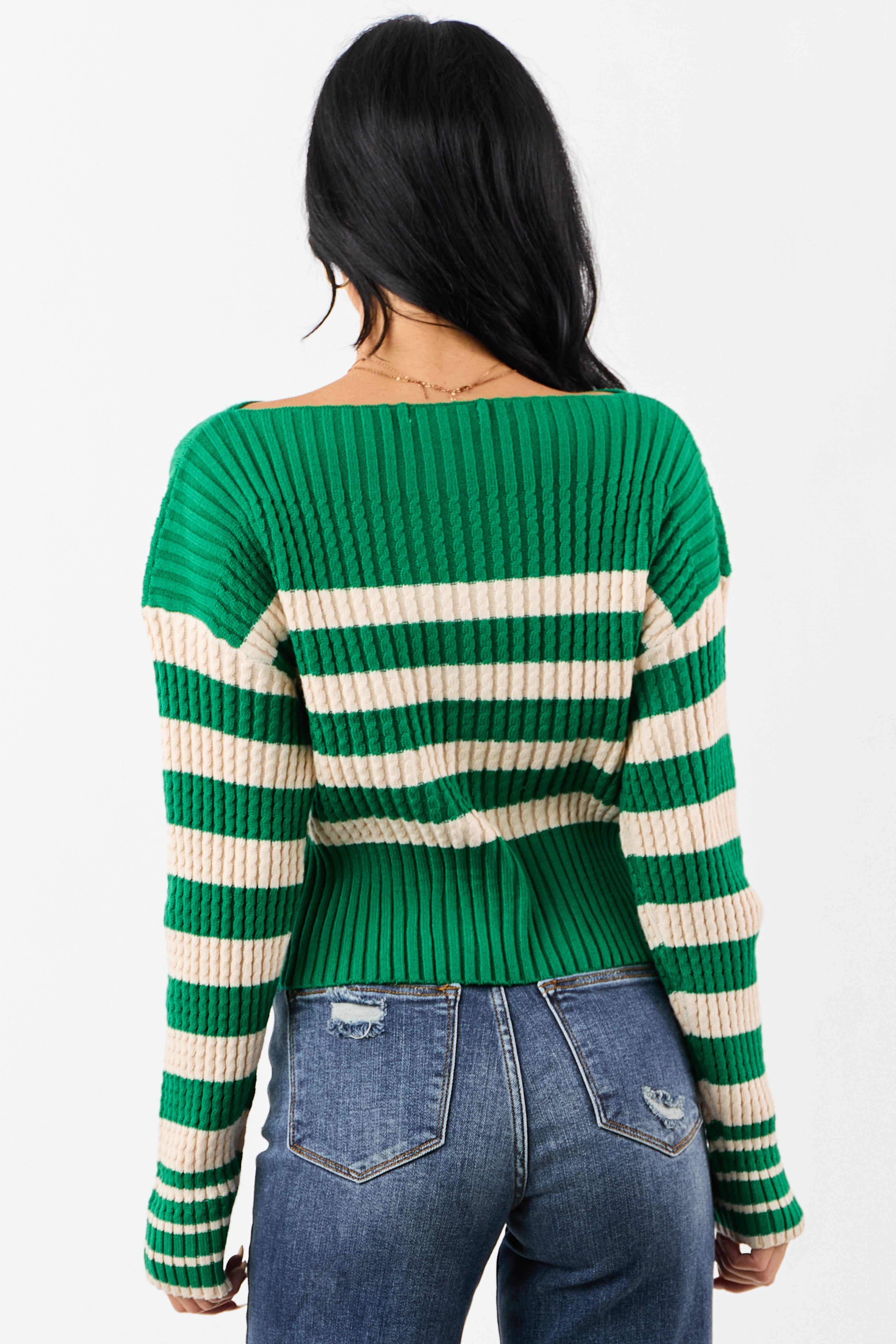 Kelly Green and Cream Stripe Boat Neck Sweater
