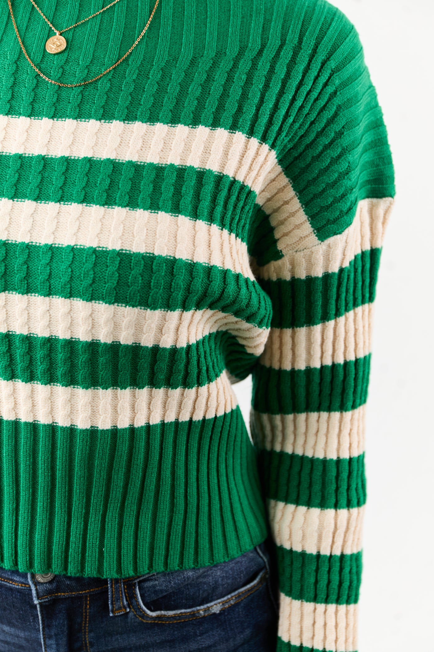 Kelly Green and Cream Stripe Boat Neck Sweater