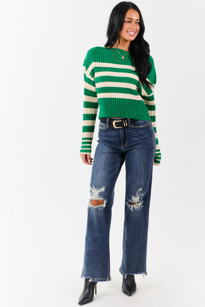 Kelly Green and Cream Stripe Boat Neck Sweater