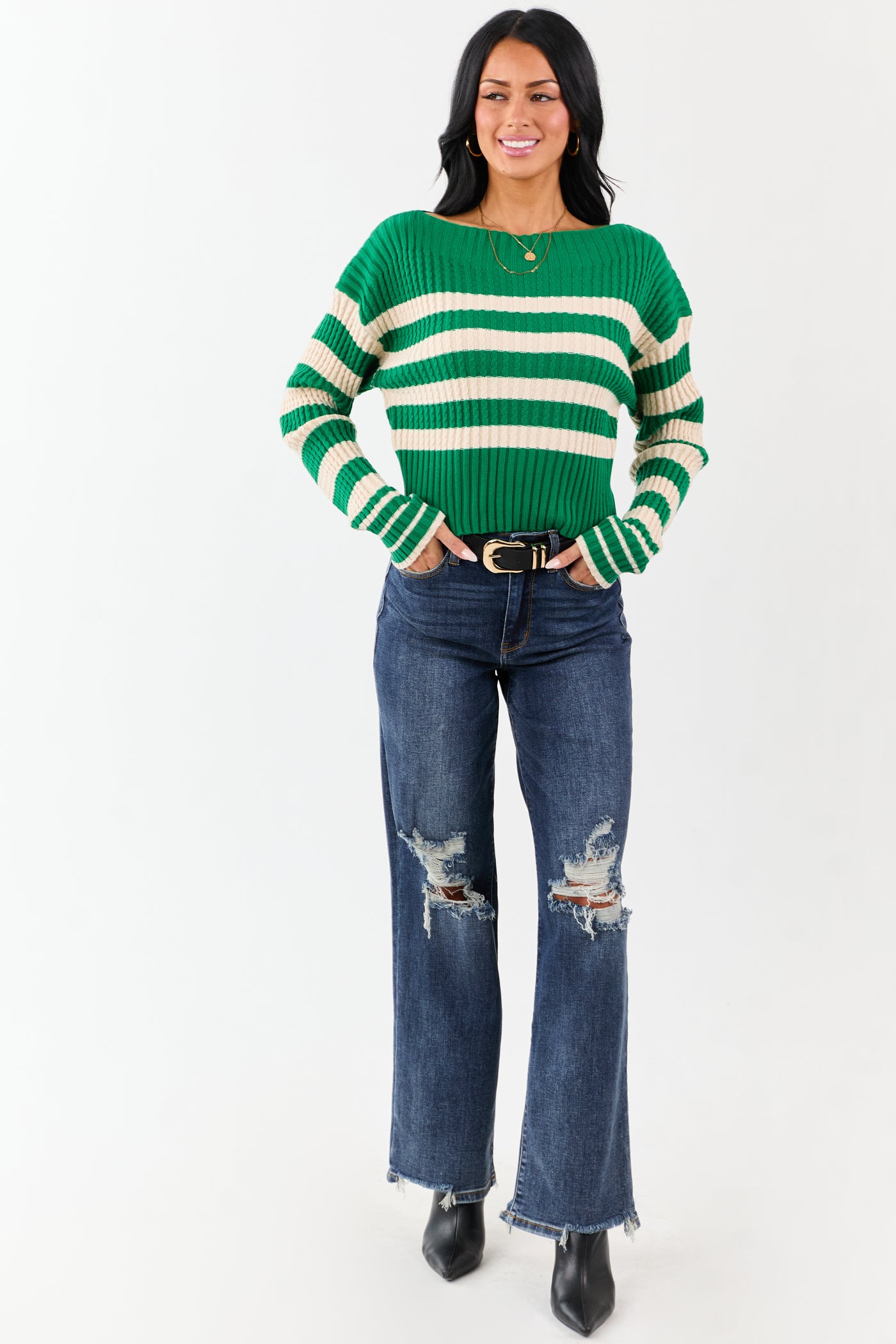 Kelly Green and Cream Stripe Boat Neck Sweater