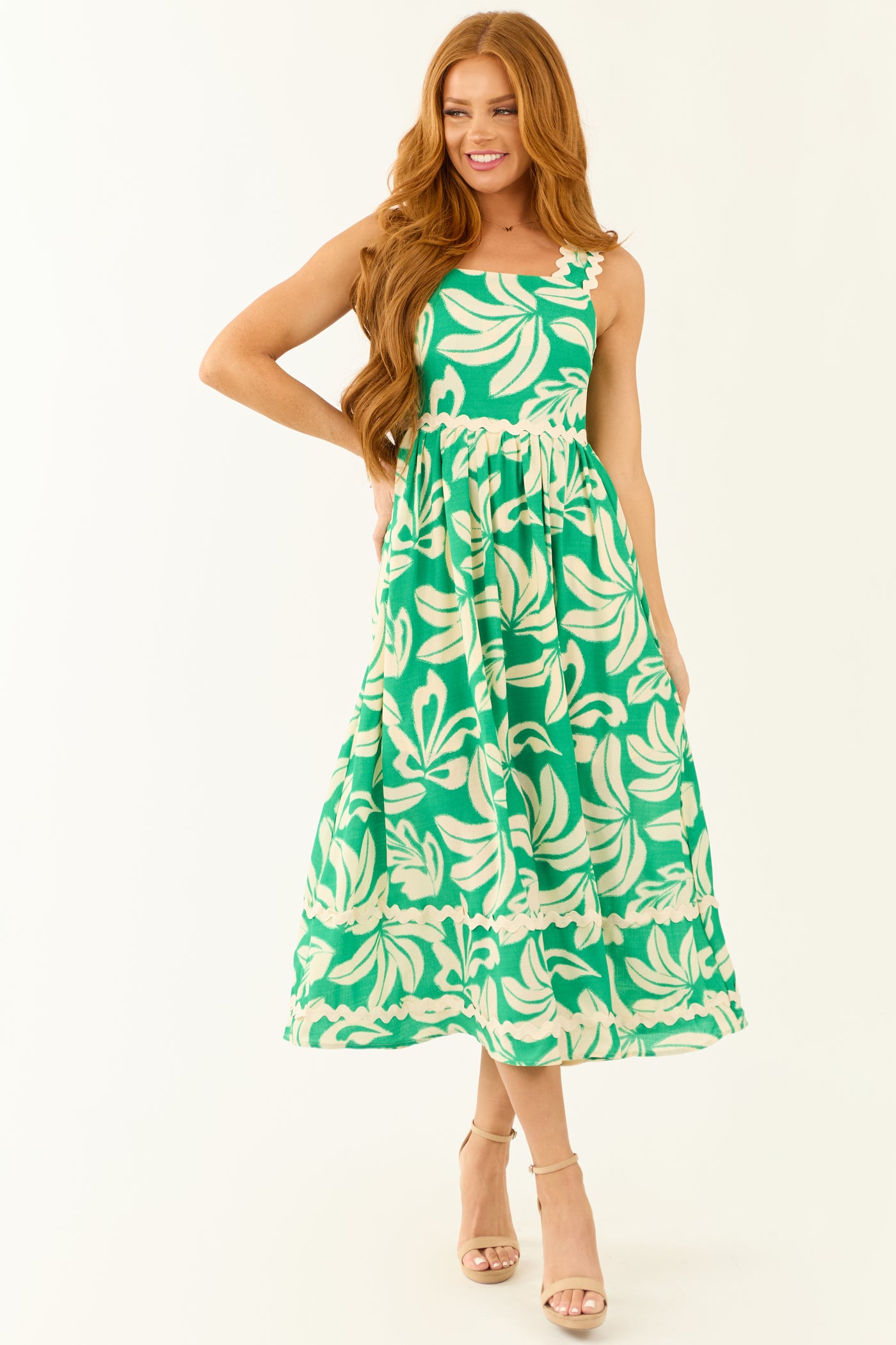 Kelly Green and Cream Tropical Leaf Print Midi Dress | Lime Lush Boutique Kelly Green and Cream Tropical Leaf Print Midi Dress | Lime Lush Boutique