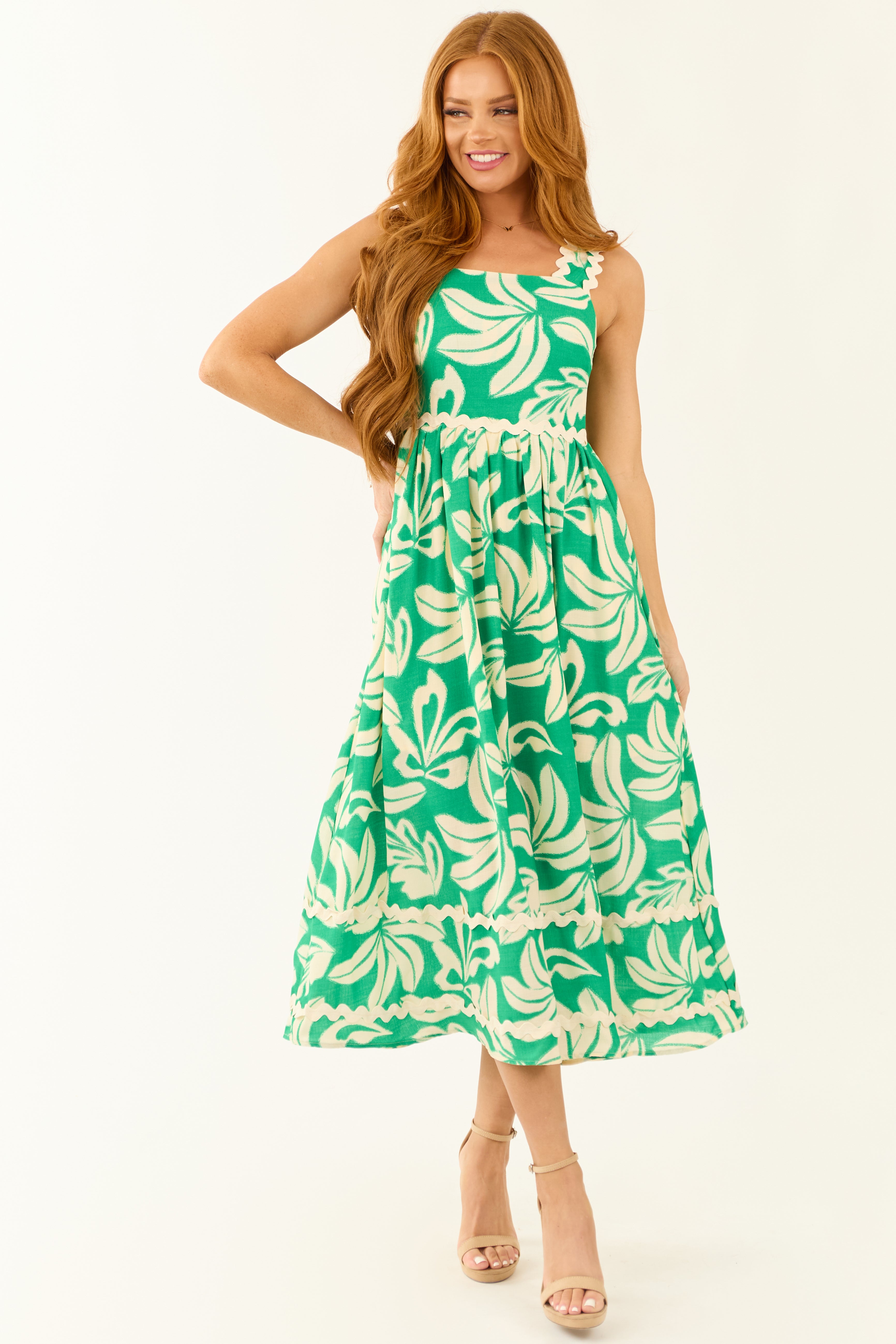 Kelly Green and Cream Tropical Leaf Print Midi Dress | Lime Lush Boutique Kelly Green and Cream Tropical Leaf Print Midi Dress | Lime Lush Boutique