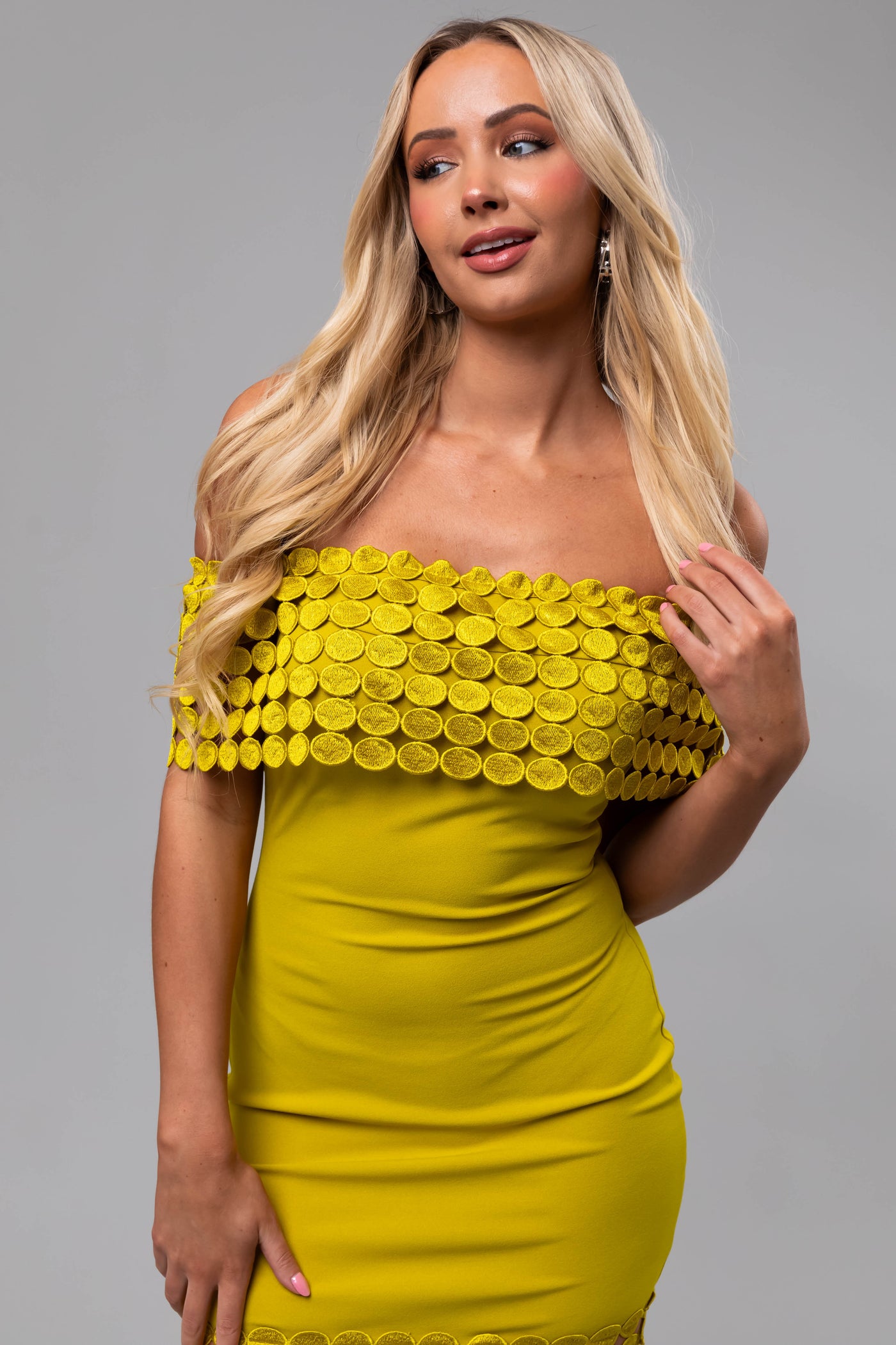 Key Lime Off Shoulder Circle Crochet Midi Dress