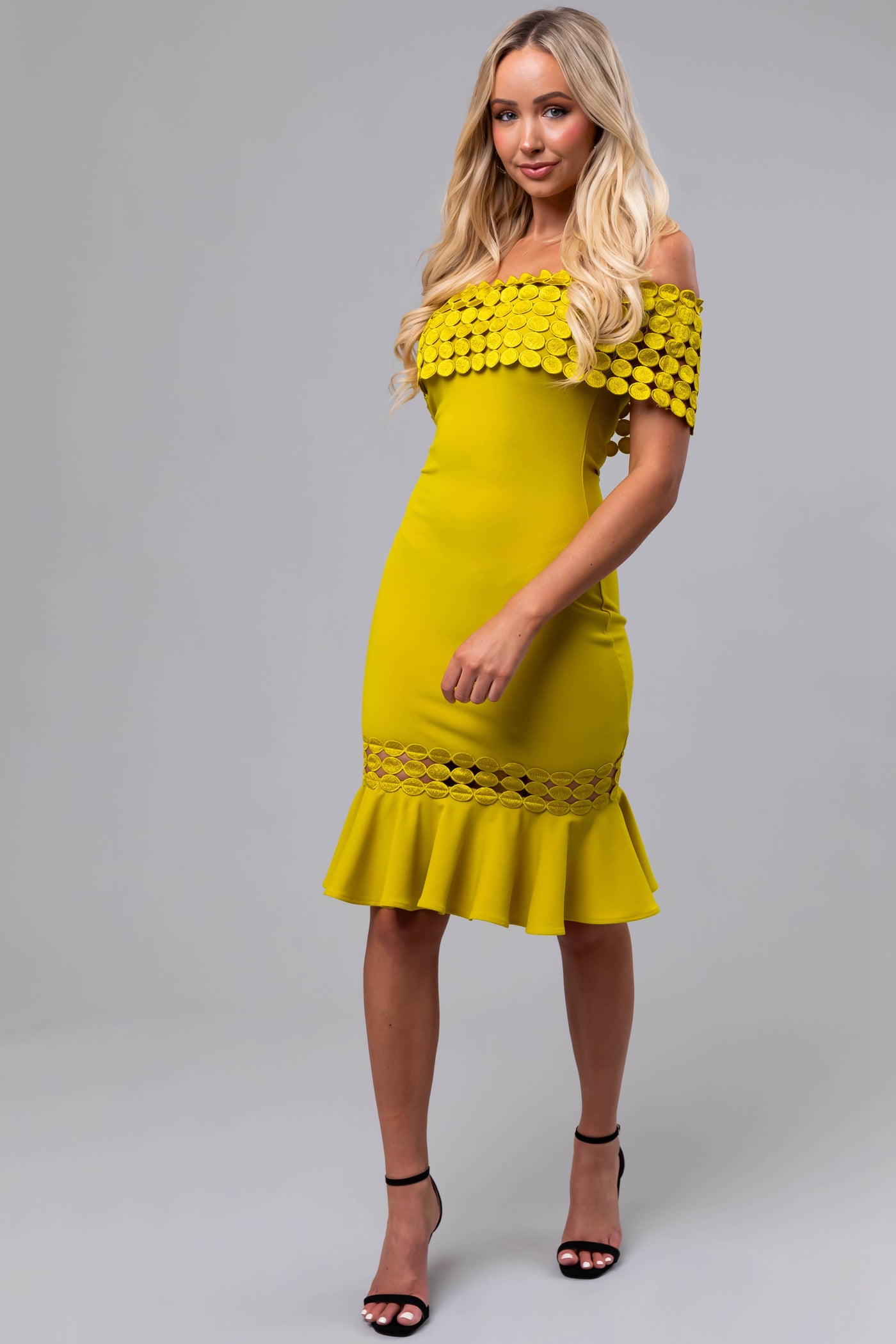 Key Lime Off Shoulder Circle Crochet Midi Dress | Lime Lush