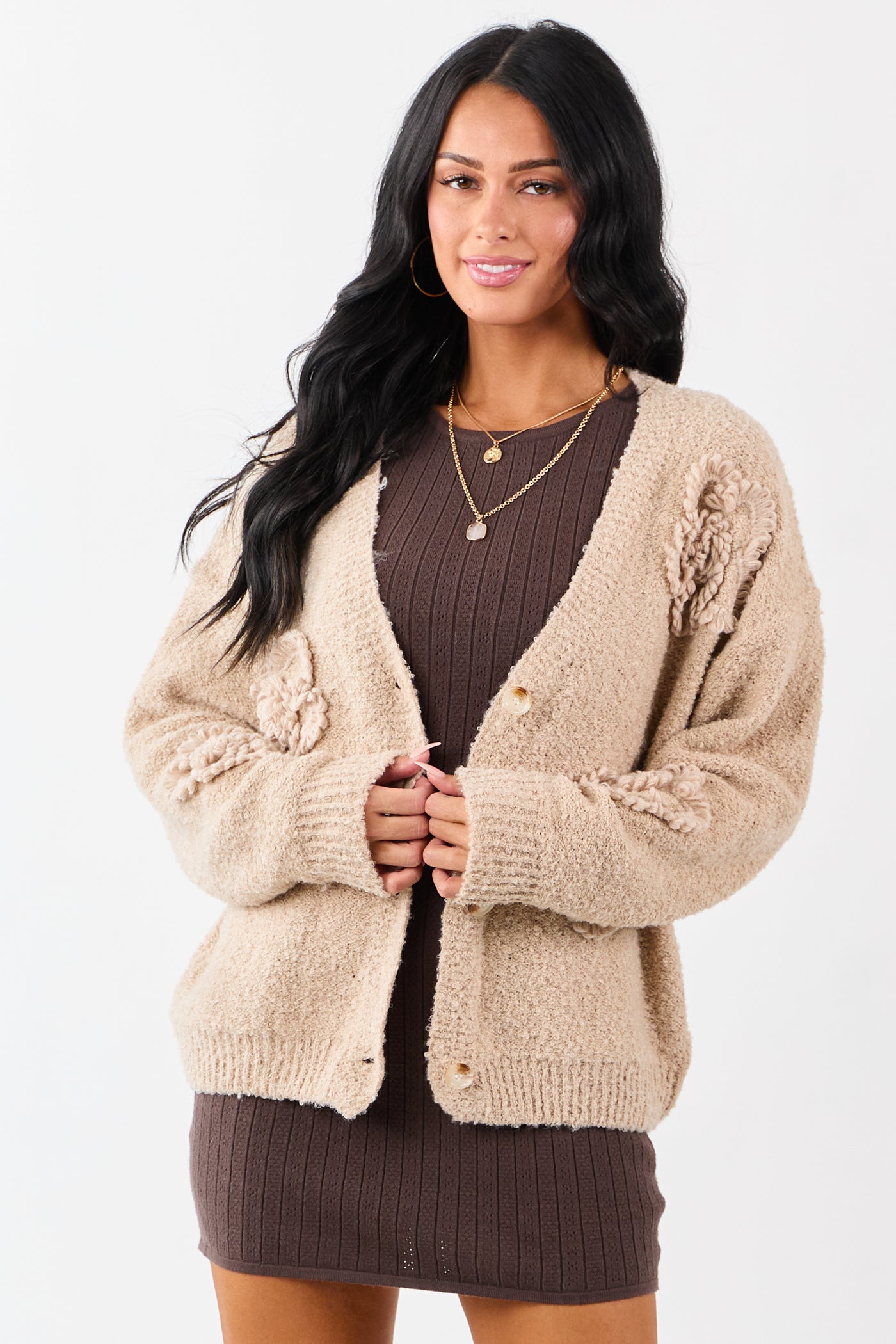 Khaki 3D Floral Applique Button Down Cardigan