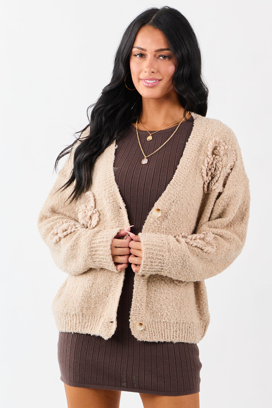 Khaki 3D Floral Applique Button Down Cardigan