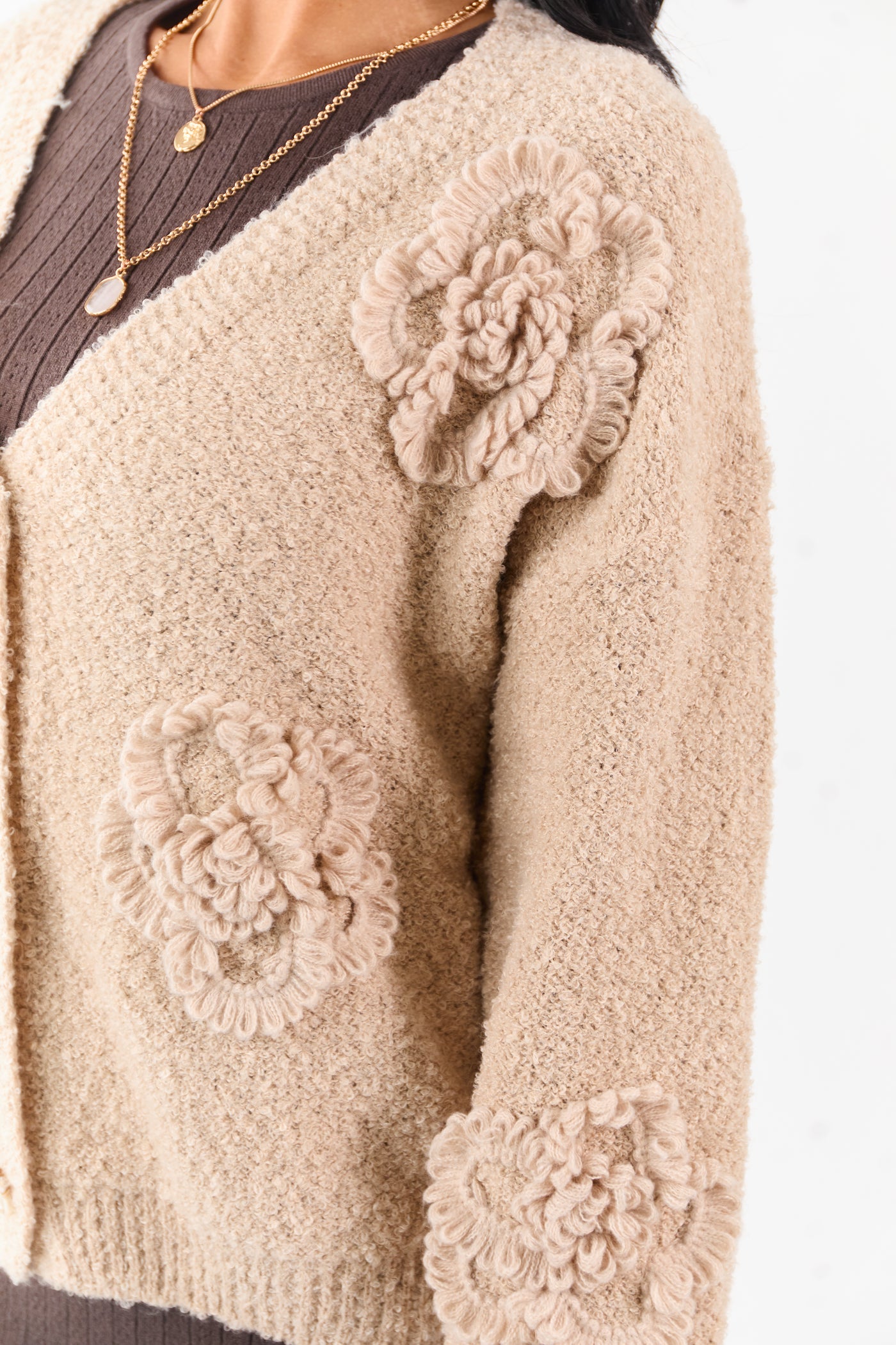 Khaki 3D Floral Applique Button Down Cardigan