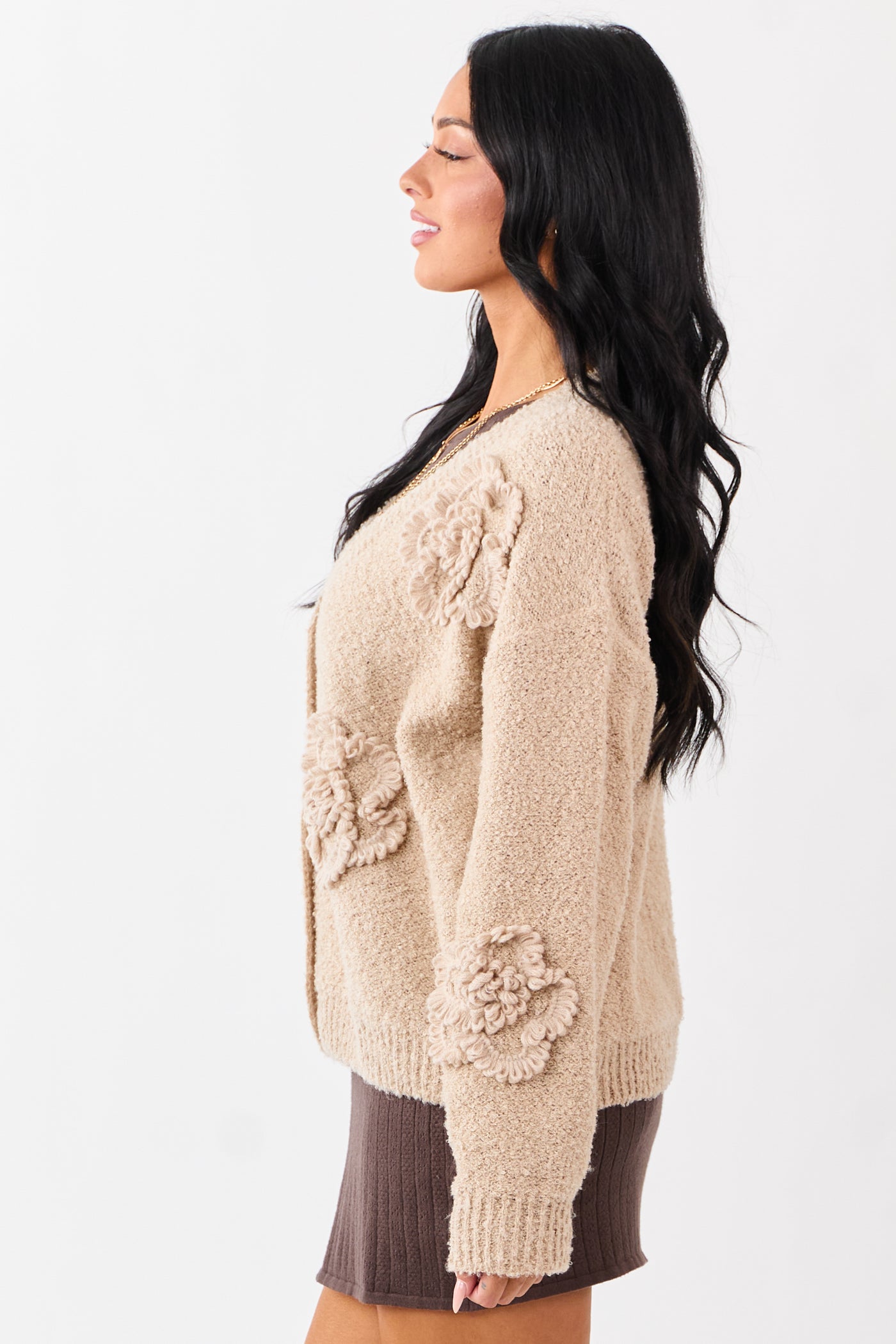 Khaki 3D Floral Applique Button Down Cardigan