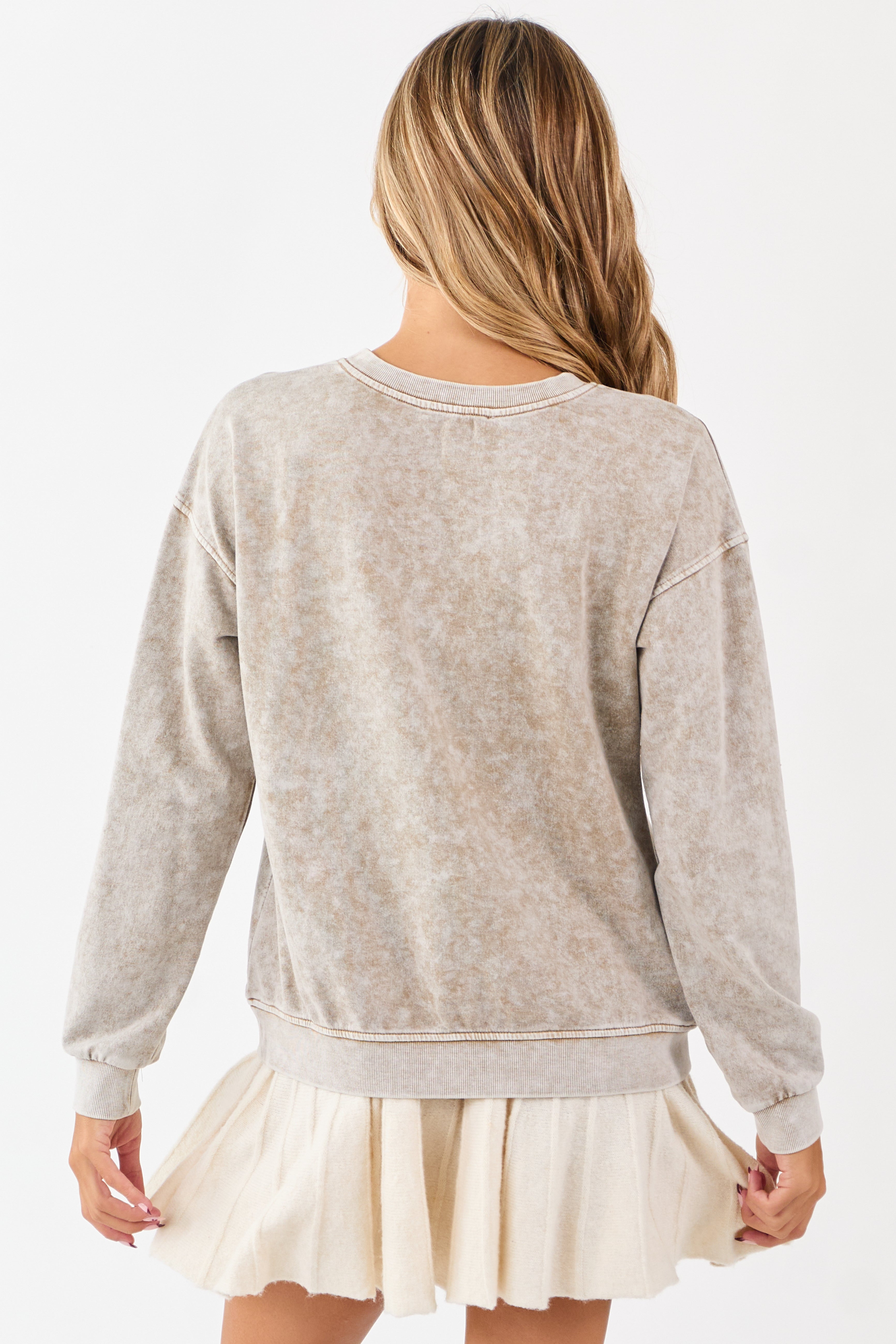 Khaki Acid Washed Western Graphic Knit Top
