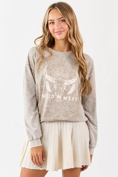 Khaki Acid Washed Western Graphic Knit Top