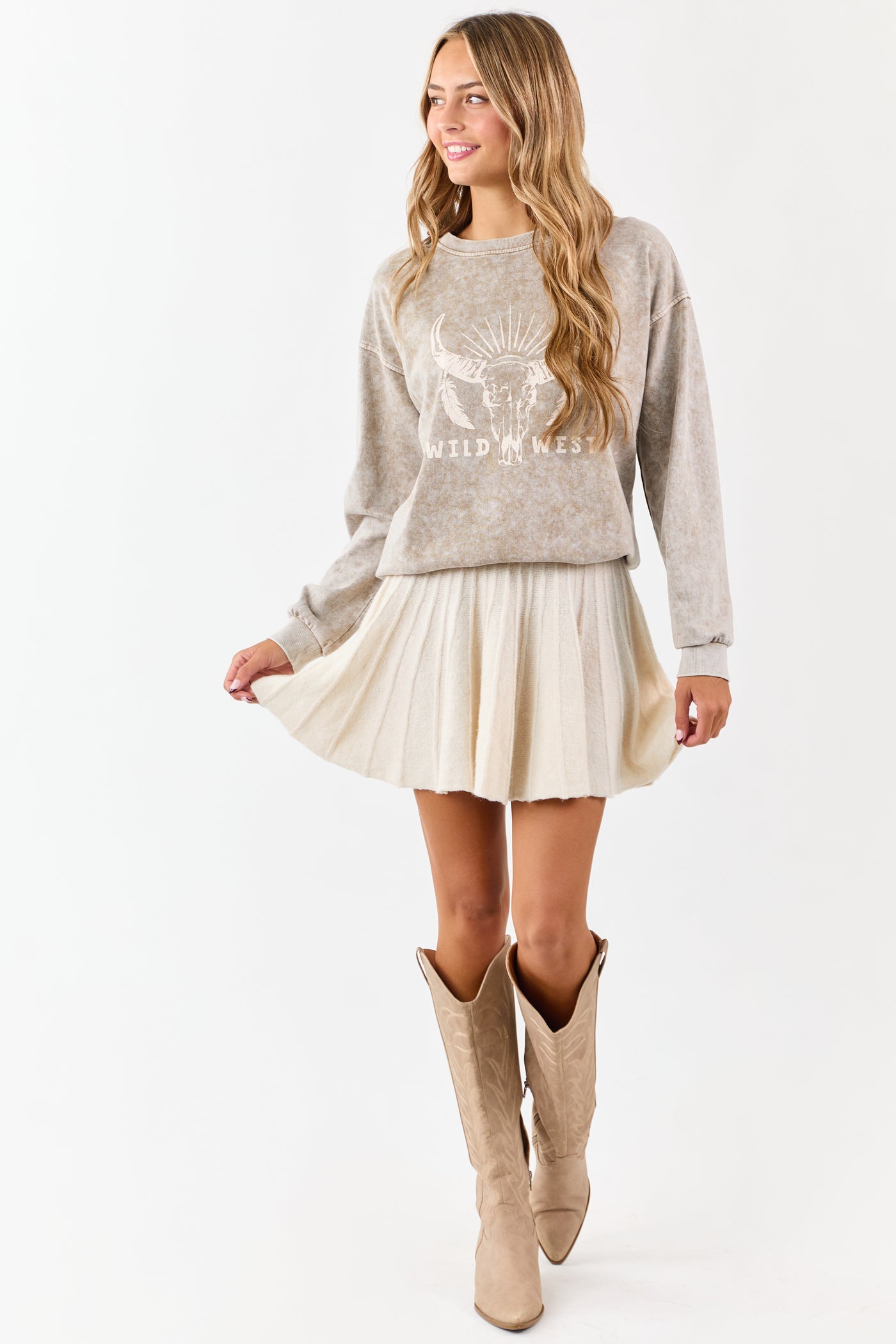 Khaki Acid Washed Western Graphic Knit Top