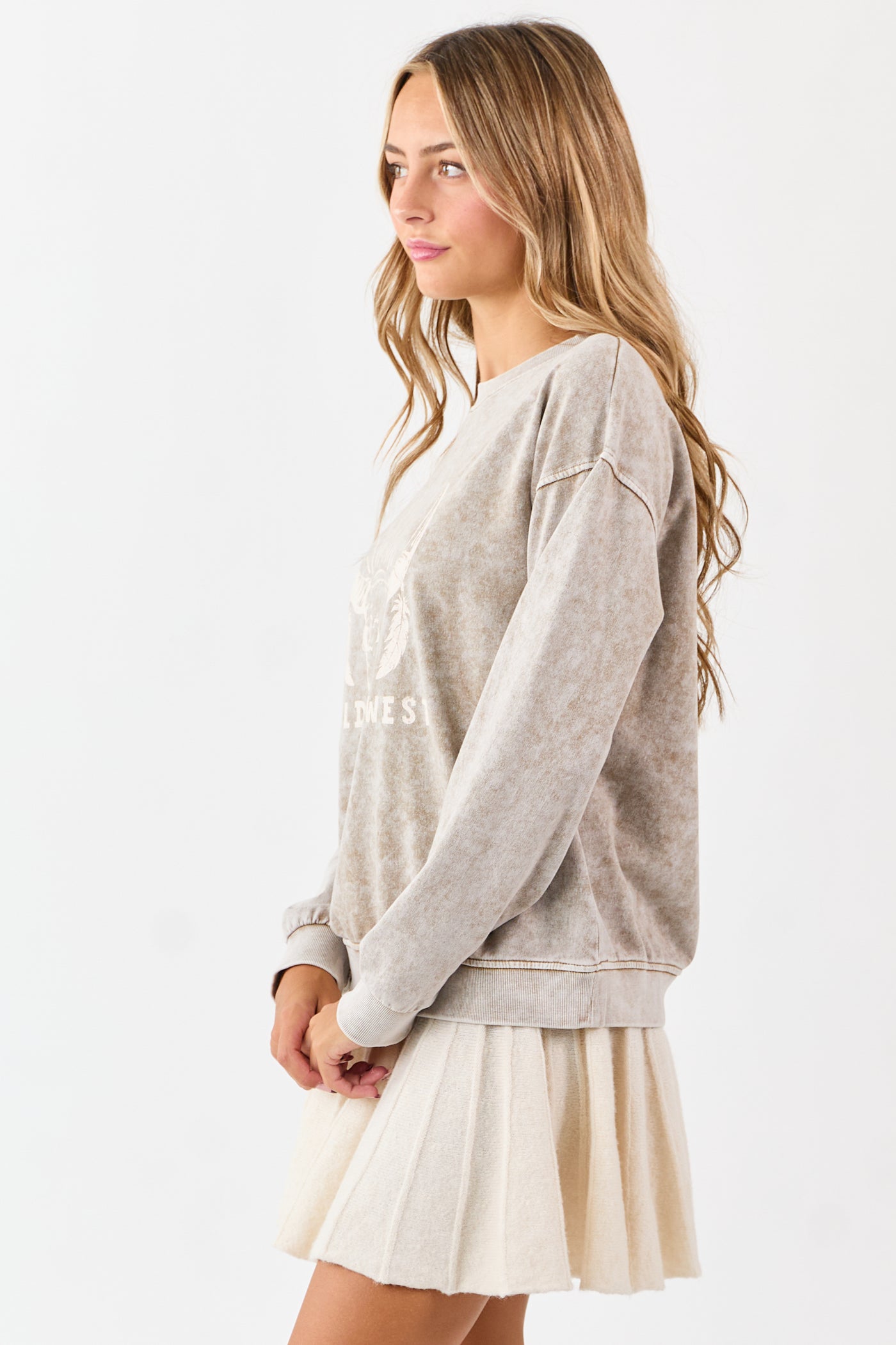 Khaki Acid Washed Western Graphic Knit Top