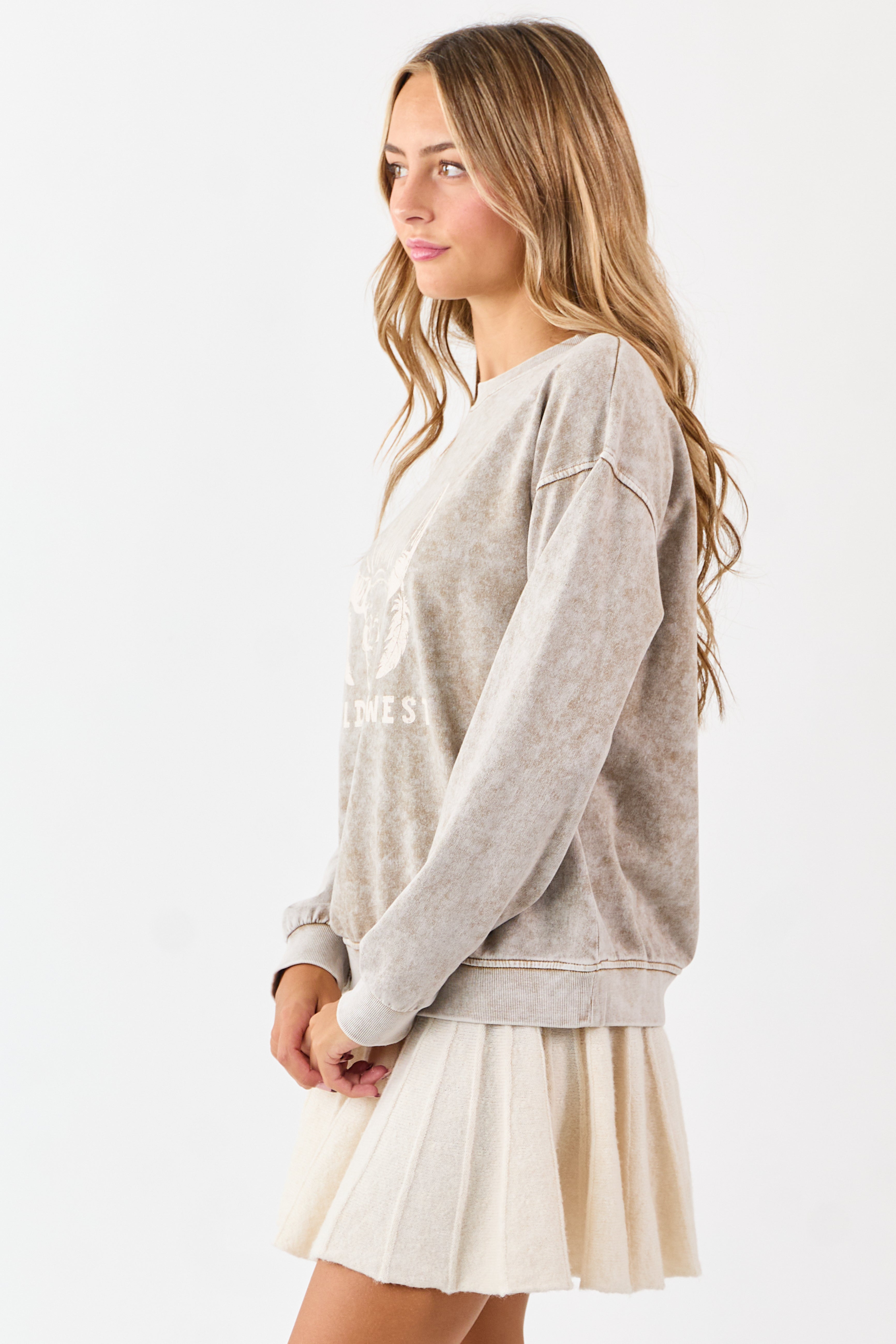 Khaki Acid Washed Western Graphic Knit Top
