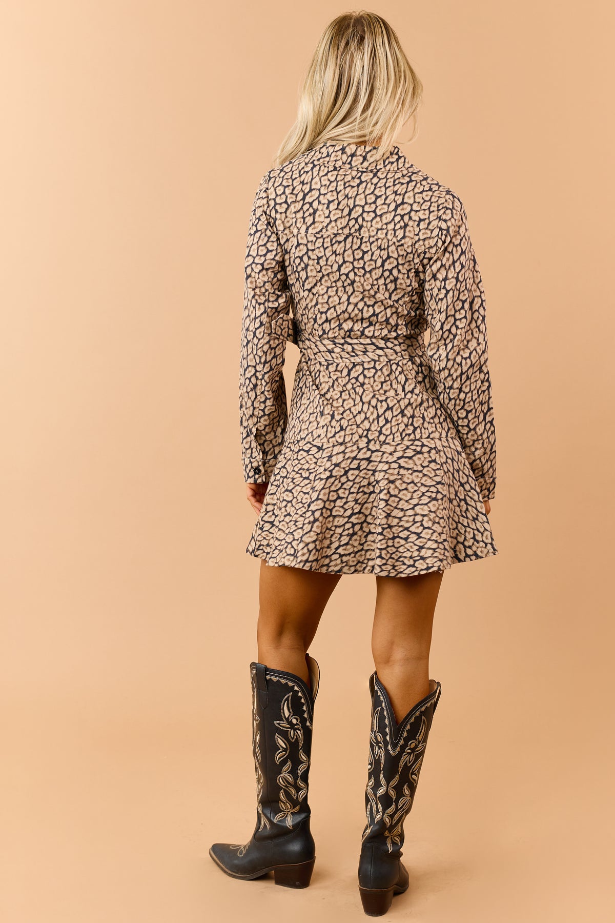 Khaki Cotton Animal Print Belted Mini Shirt Dress