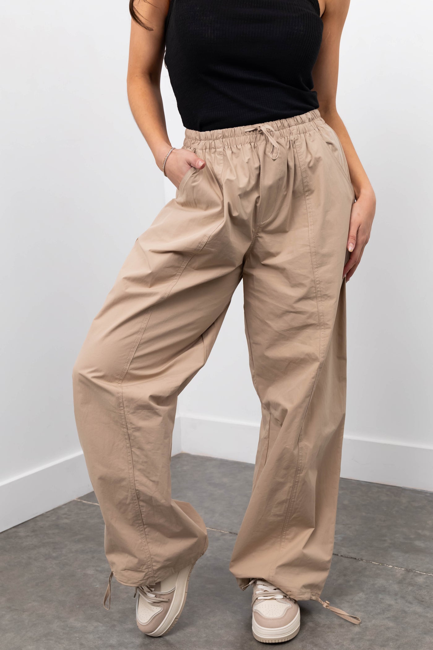 Khaki Drawstring Hem Windbreaker Pants