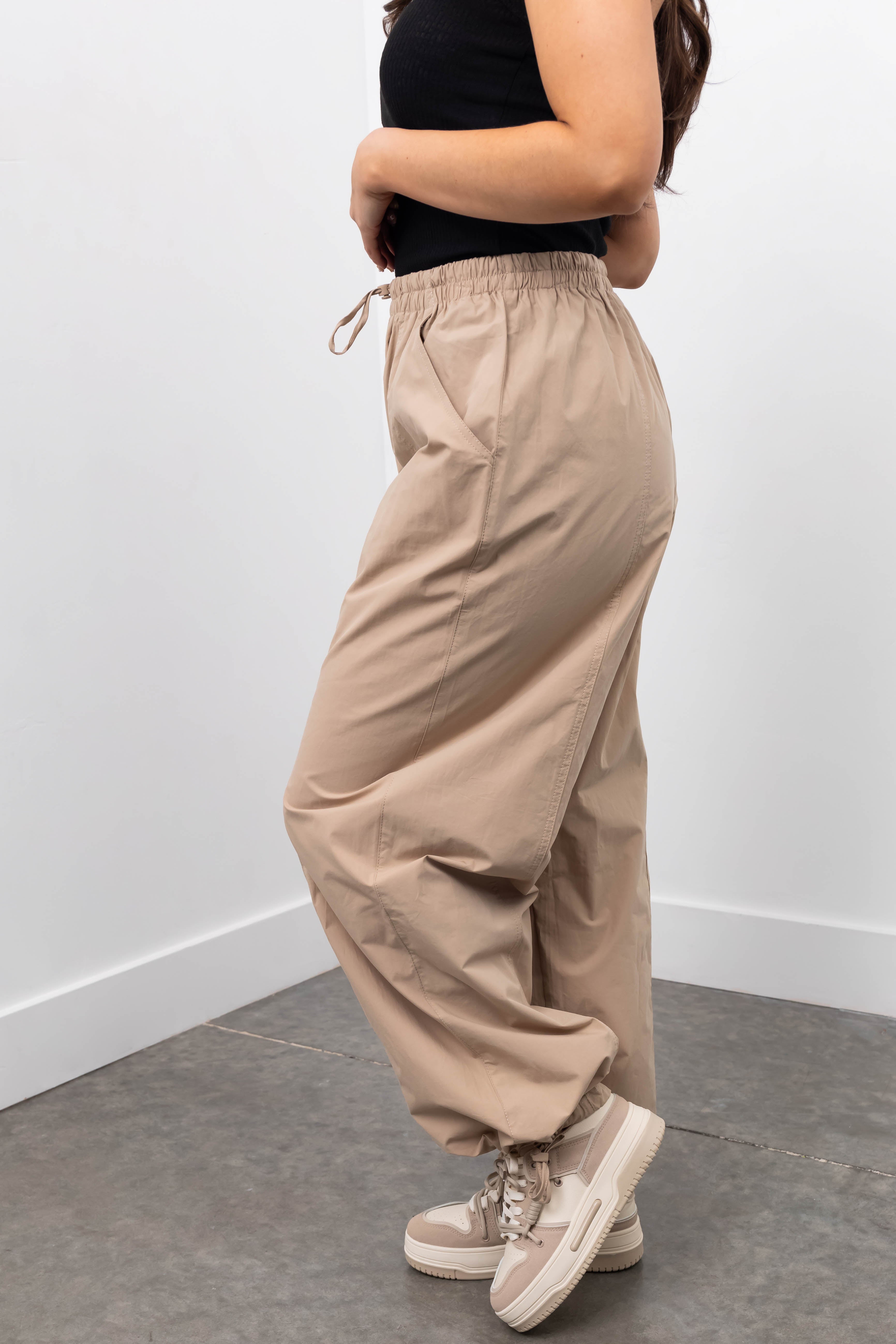 Khaki Drawstring Hem Windbreaker Pants