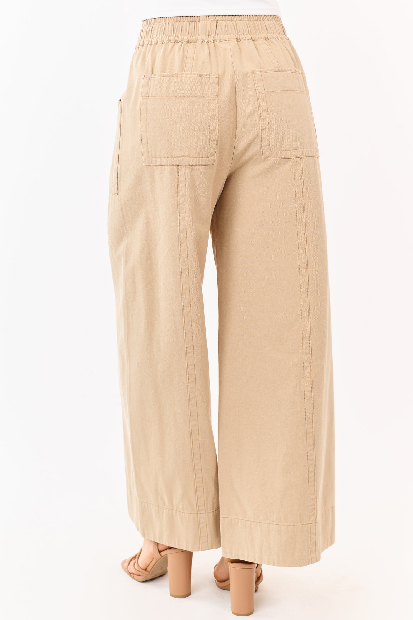 Khaki Elastic Drawstring Waist Wide Leg Twill Pants