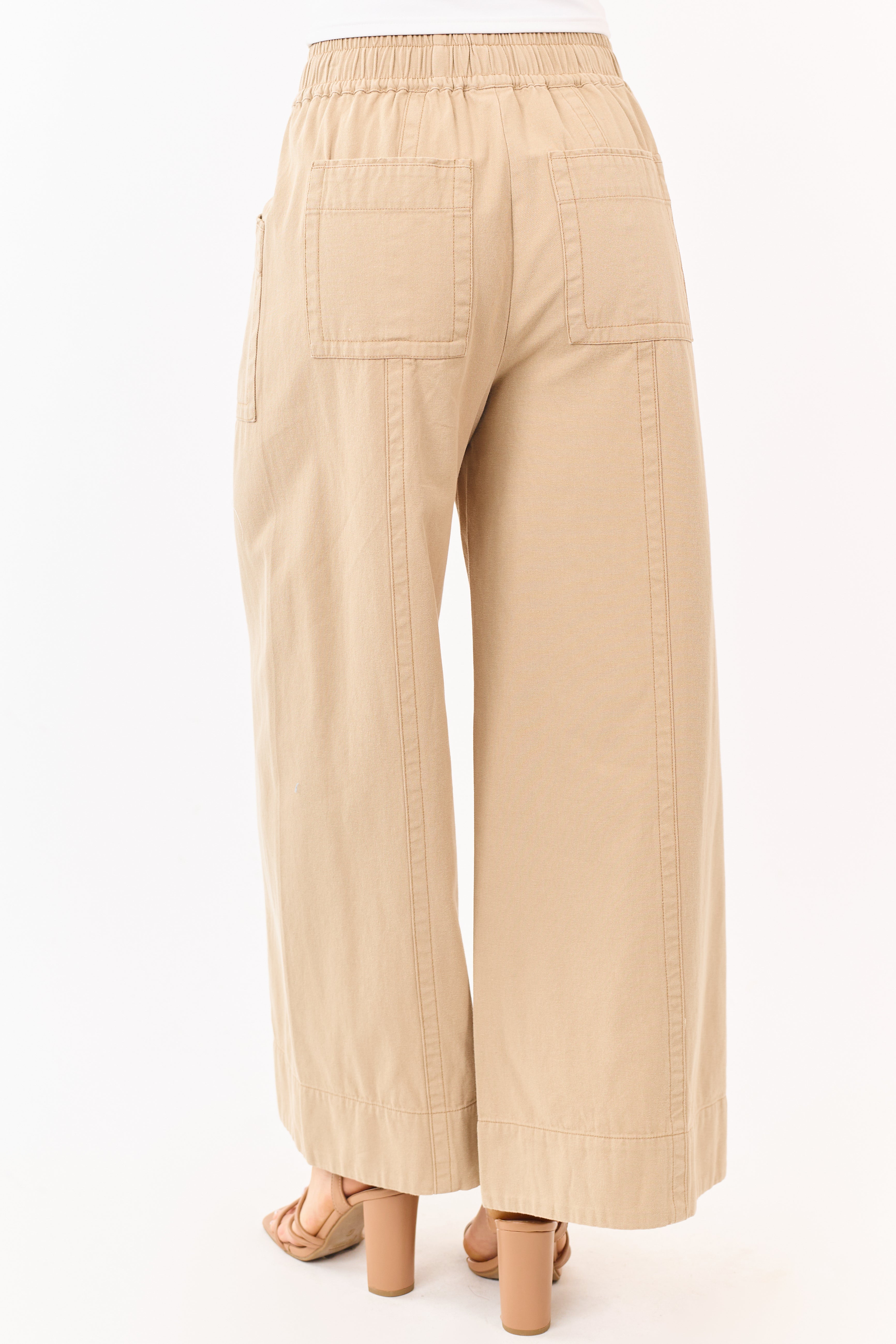 Khaki Elastic Drawstring Waist Wide Leg Twill Pants