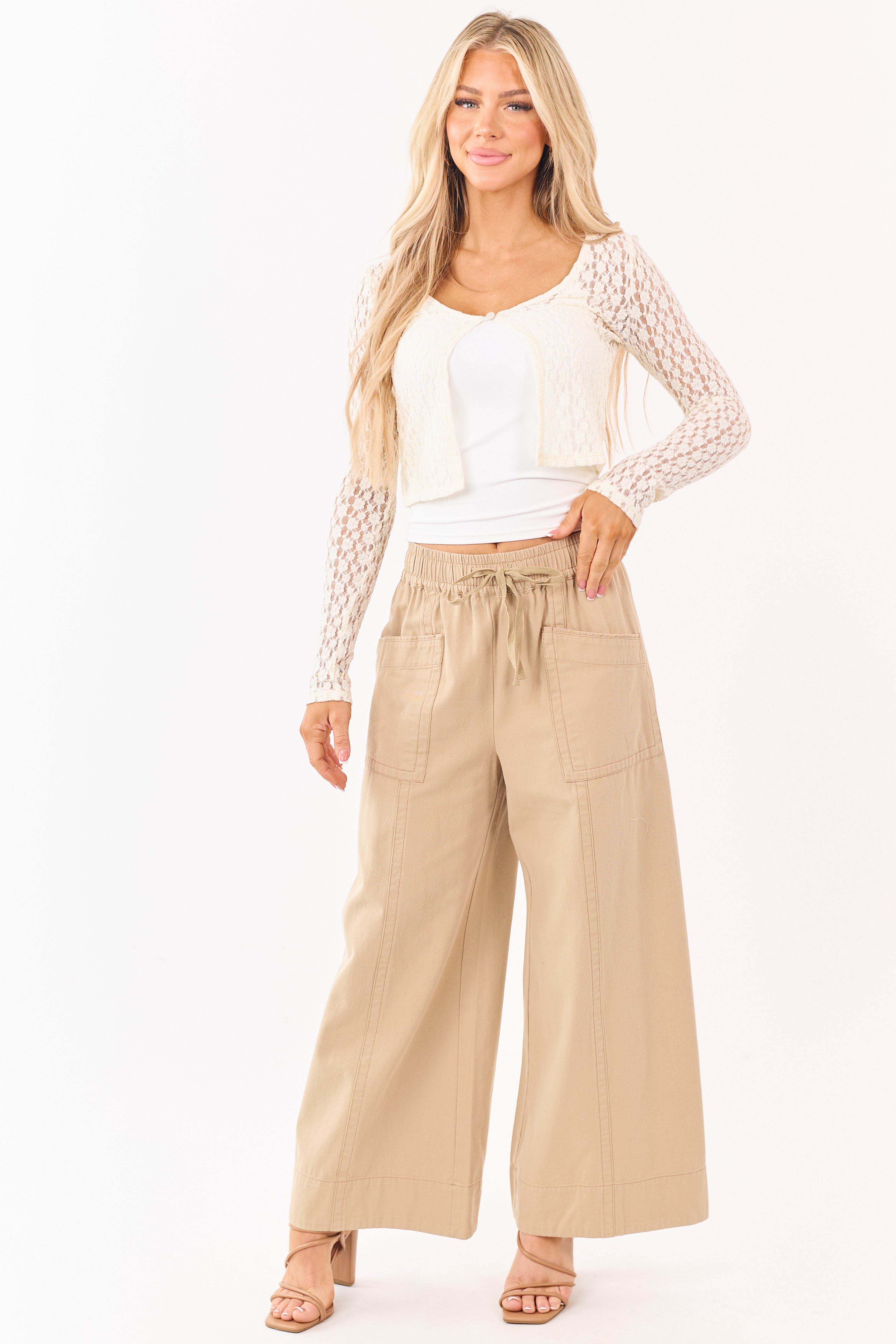 Khaki Elastic Drawstring Waist Wide Leg Twill Pants | Lime Lush