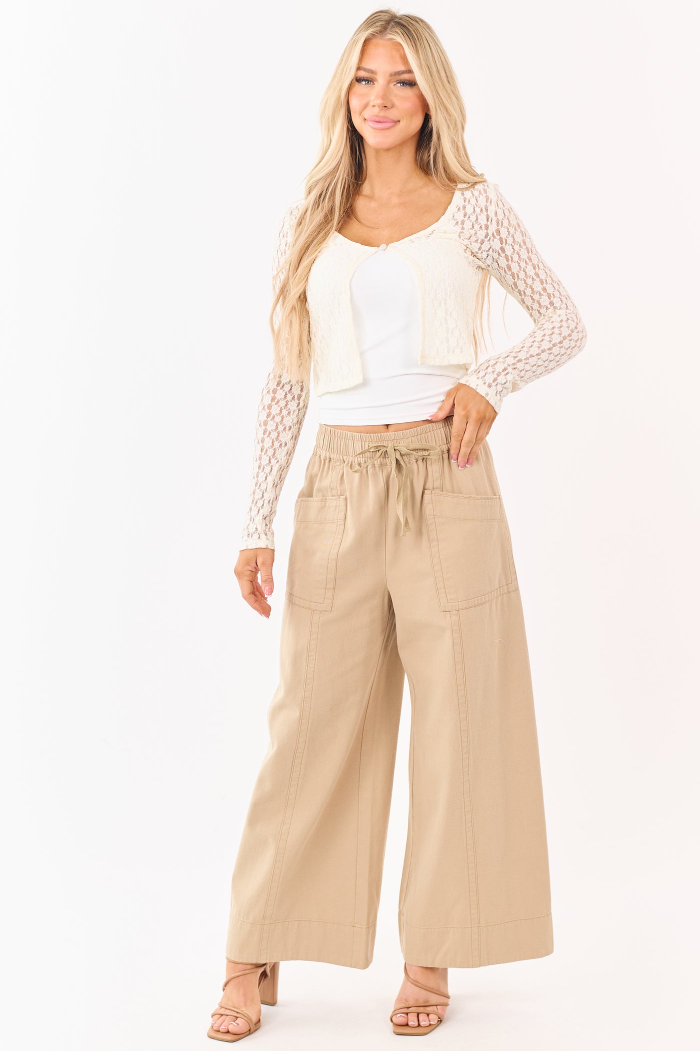 Khaki Elastic Drawstring Waist Wide Leg Twill Pants